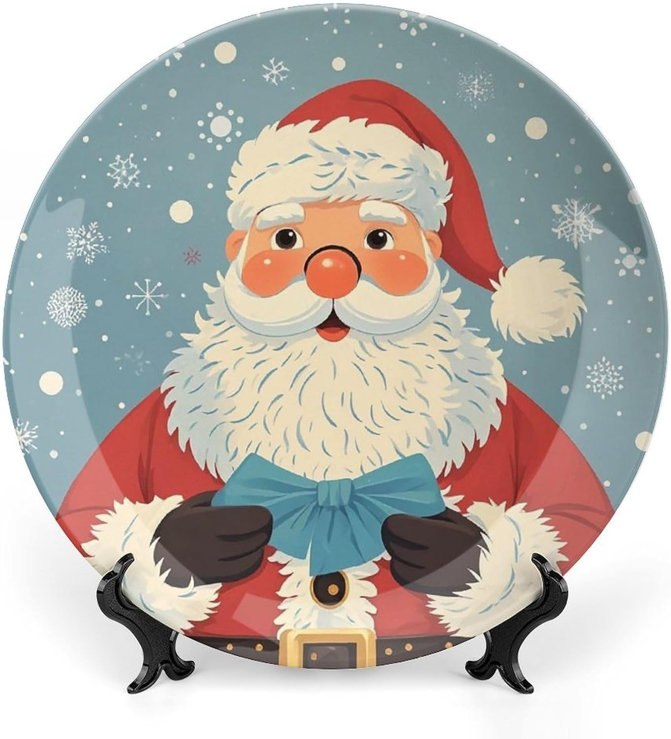 Christmas Santa Claus Decorative Ceramic Plate Round Porcelain Plate Decor Personalized Bone China Decorative Plates Ceramic Ornaments Dessert Plates with Display Stand 10inch