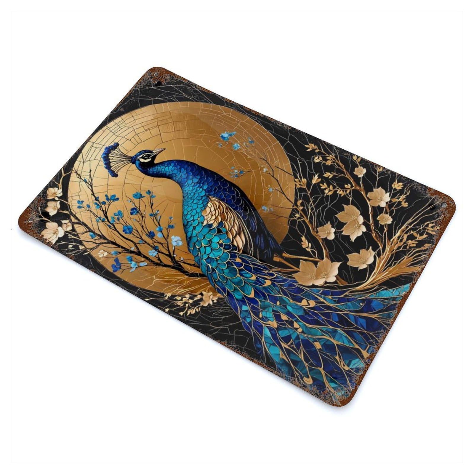 Rusty Metal Tin Sign with Peacock Kintsugi Art Design 11.8"x7.9", for Farmhouse, Kitchen And Entryway Decor, Rustic Home Decor
