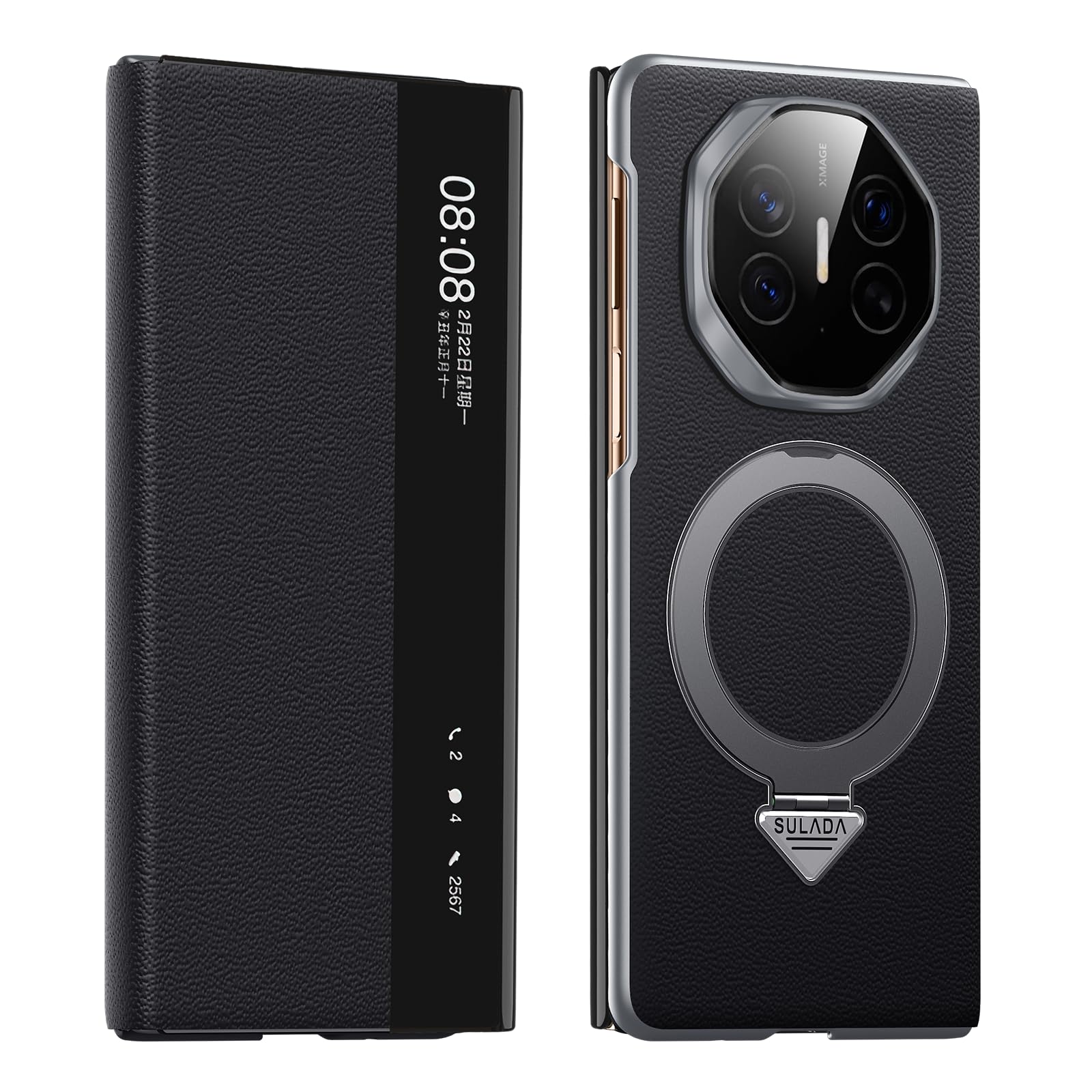Kompatybilne z Huawei Mate XT etui Smart Clear View Case [kompatybilne z Mag-Safe] [z regulowanym stojakiem pierścieniowym] smukłe etui z prawdziwej skóry portfel z klapką, ochronne, odporne na