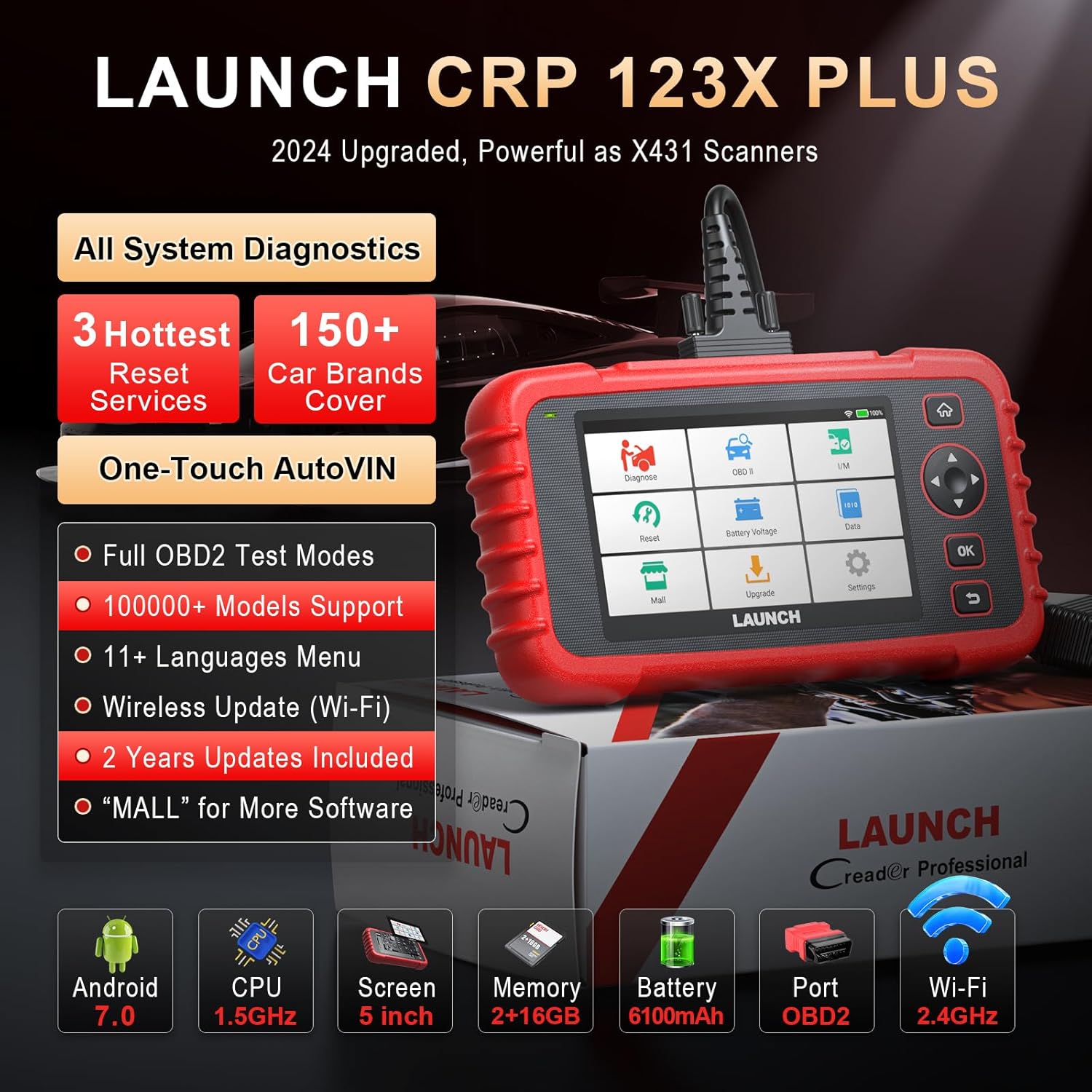 Launch OBD2 Scanner CRP123X Plus V2.0, 2026 All System Scan Tool Lifetime Free Update with SAS/Throttle/Oil Reset for All Cars,Auto VIN OBD2, FCA SGW, Battery Test Scanner Code Reader