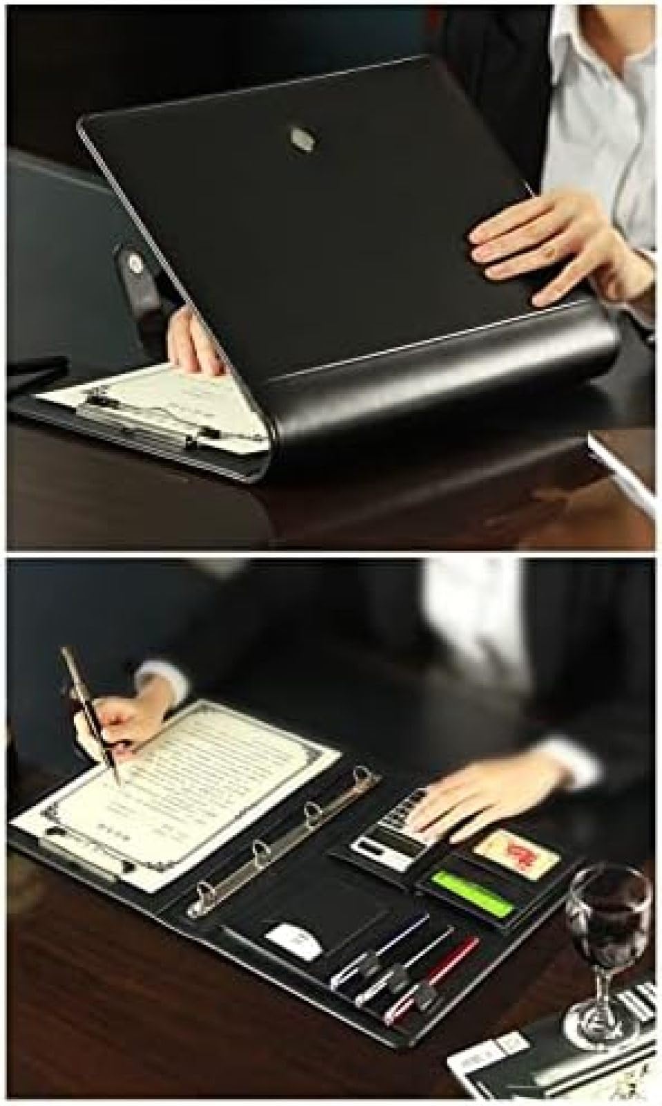 Cartella da Lavoro con 4 Raccoglitori Ad Anelli, Cartella in Pelle, Blocco Note con Calcolatrice Solare, Organizer per Portfolio, per Interviste, Conferenze E Presentazioni,Marrone,Picturesque234