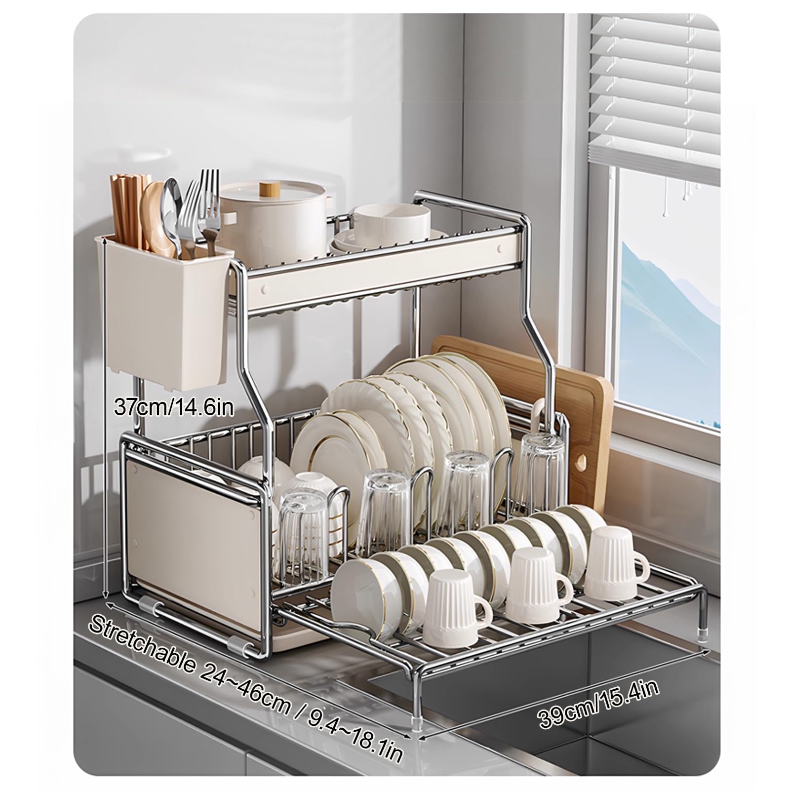 Escurridor de platos extensible, escurridor de platos grande para encimera de cocina, organizador de fregadero con almacenamiento dividido