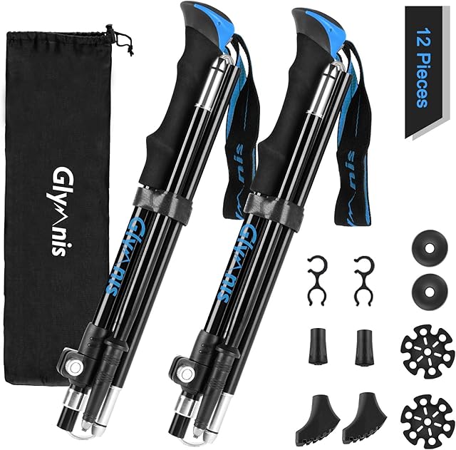 Glymnis Walking Hiking Trekking Poles 2 Pack, Telescopic Collapsible Aluminum Hiking Sticks for Men with Quick Lock System, Lightweight Walking Poles for Hiking, Camping, Backpacking, Walking