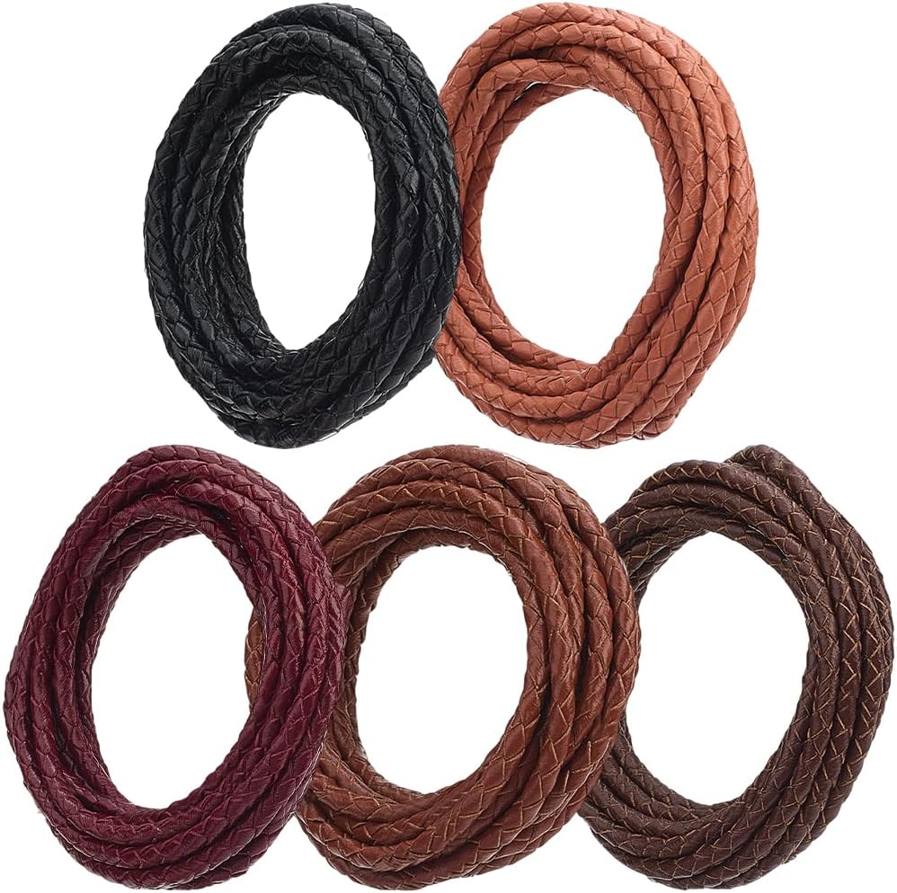 5 Colors 10 Yards Braided Genuine Leather Bolo Tie Cord for Jewelry Making 3MM Round Real Leather String Lace Rope Cording Folded Braiding Strip Thread for Crafting Necklace Bracelets Wraps