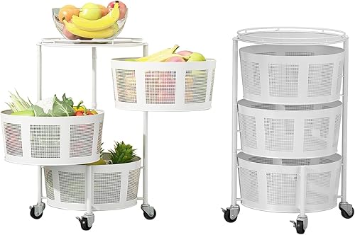 Lazyspace Estante giratorio de almacenamiento de cocina de 3 niveles cestas de metal redondas para organización de frutas y verduras para cocina