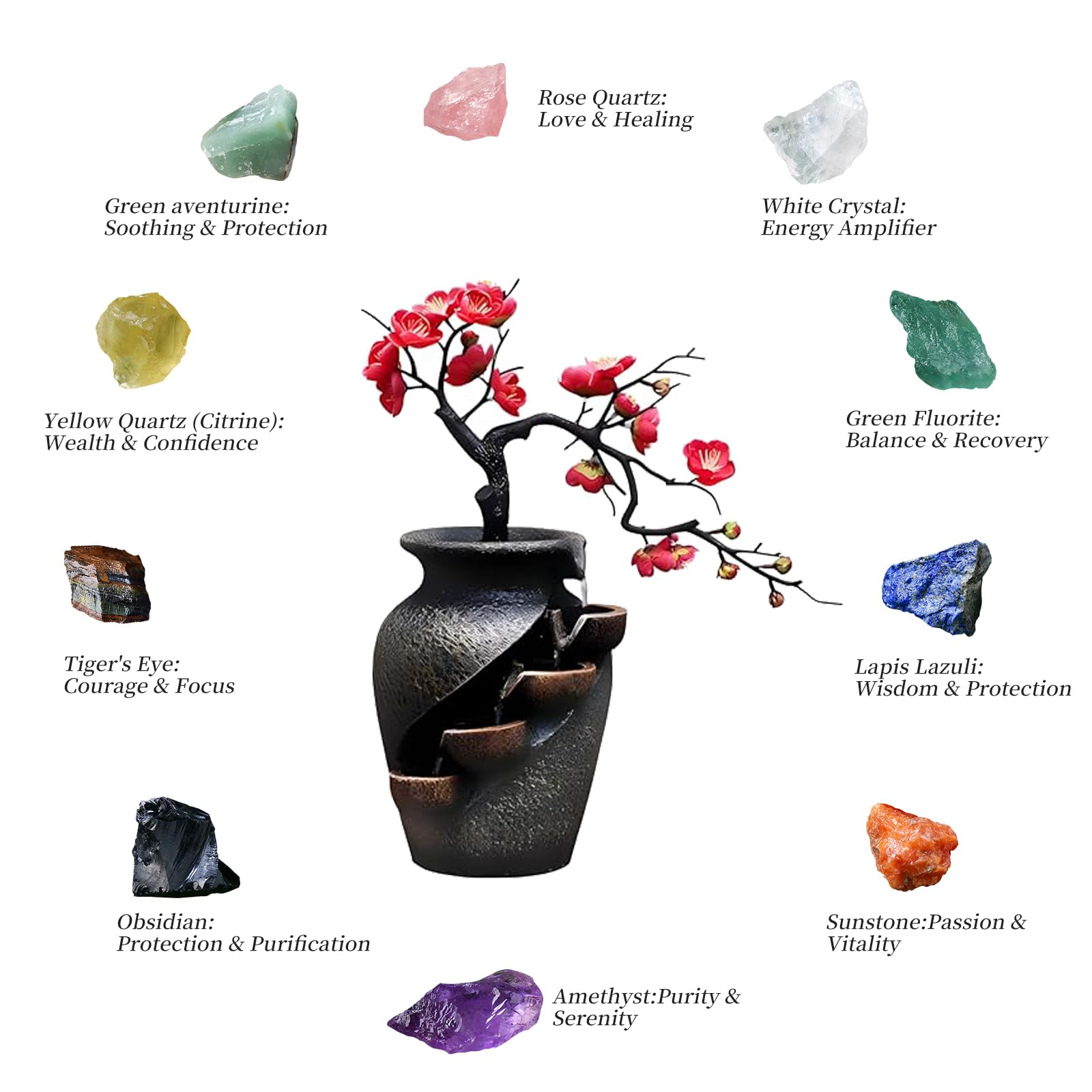 CYLLYKGIFT Free 10PCS Natural Crystals & Indoor Waterfall Fountain Pot for Living Room, Bedroom, Dining Room, Kitchen, Bathroom