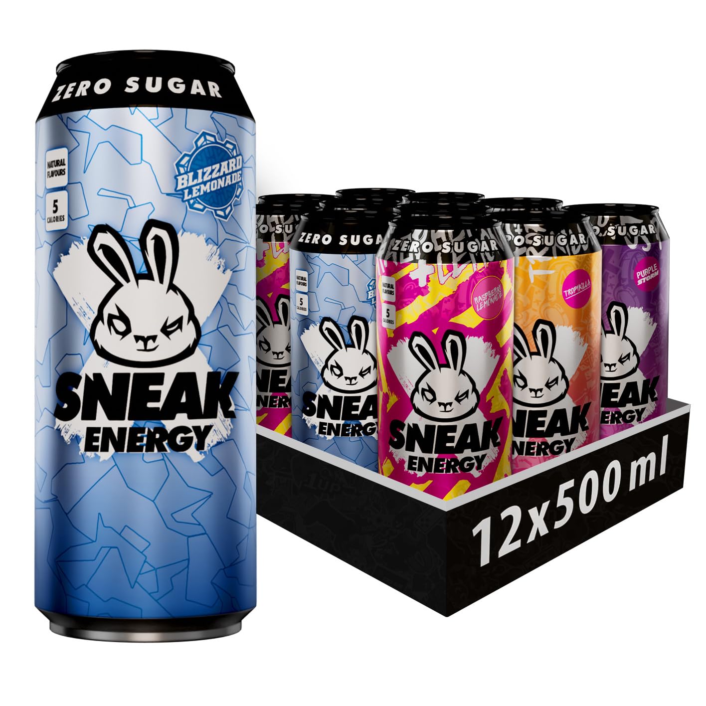 SNEAK Energy Drink Cans | Blizzard, Raspberry Lemonade, Tropikilla & Purple Storm | No Sugar. No Nasties. Just Natural Caffeine, Focus Boosting Nootropics in a Can | 500ml x 12