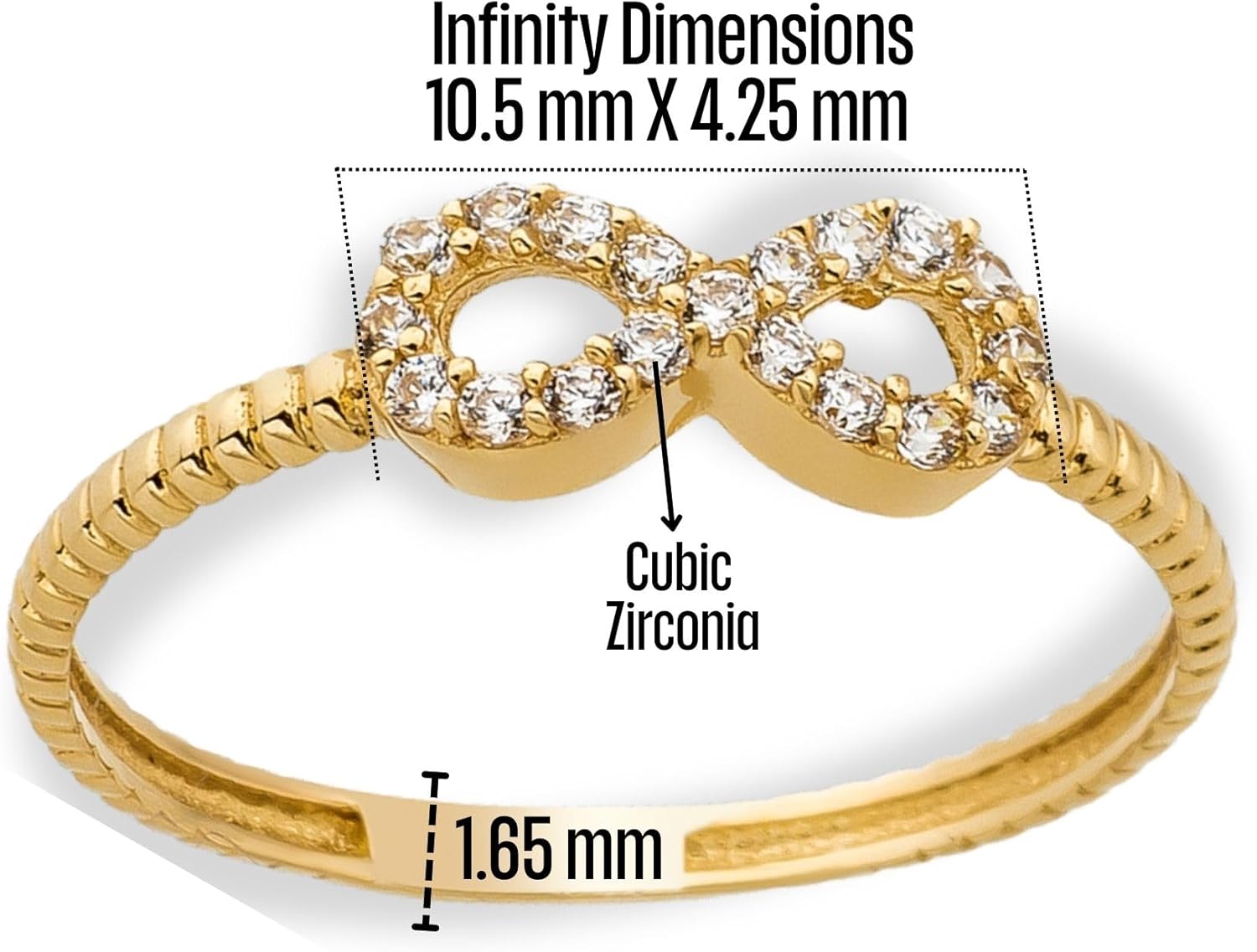 14K Real Solid Gold Ring for Women, Infinity Cubic Zirconia Ring, Stackable Band, Thickness 1.65 mm - Image 4