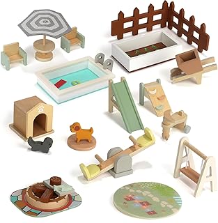 26PCS Wooden Dollhouse Furniture Set, Outdoor Miniature Doll House Accessories Playset for Toddlers, Outdoor Scenes Poolside Playground Pretend Play Toy for Kids 3+