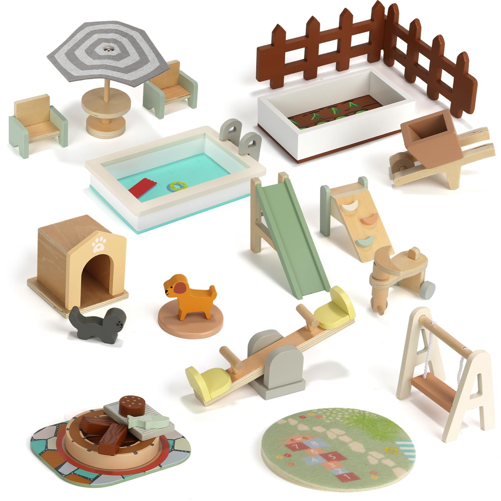 Photo 1 of 26PCS Wooden Dollhouse Furniture Set, Outdoor Miniature Doll House Accessories Playset for Toddlers, Outdoor Scenes Poolside Playground Pretend Play Toy for Kids 3+