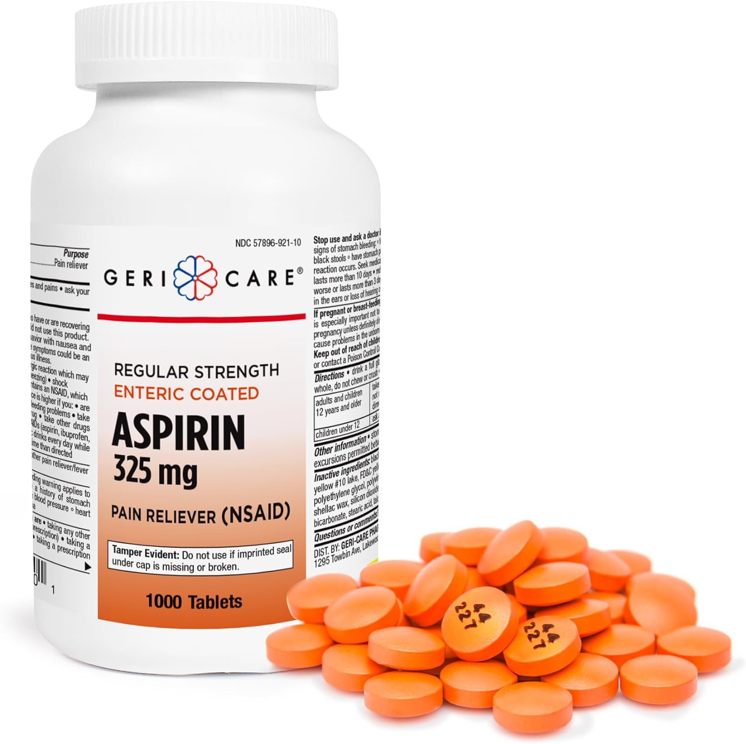 GeriCare Enteric Coated Aspirin Tablets 325mg (1000 Count) NSAID Pain Reliever & Fever Reducer for Adults- Regular Strength Aspirin for Headache Arthritis Menstrual & Muscle Pain