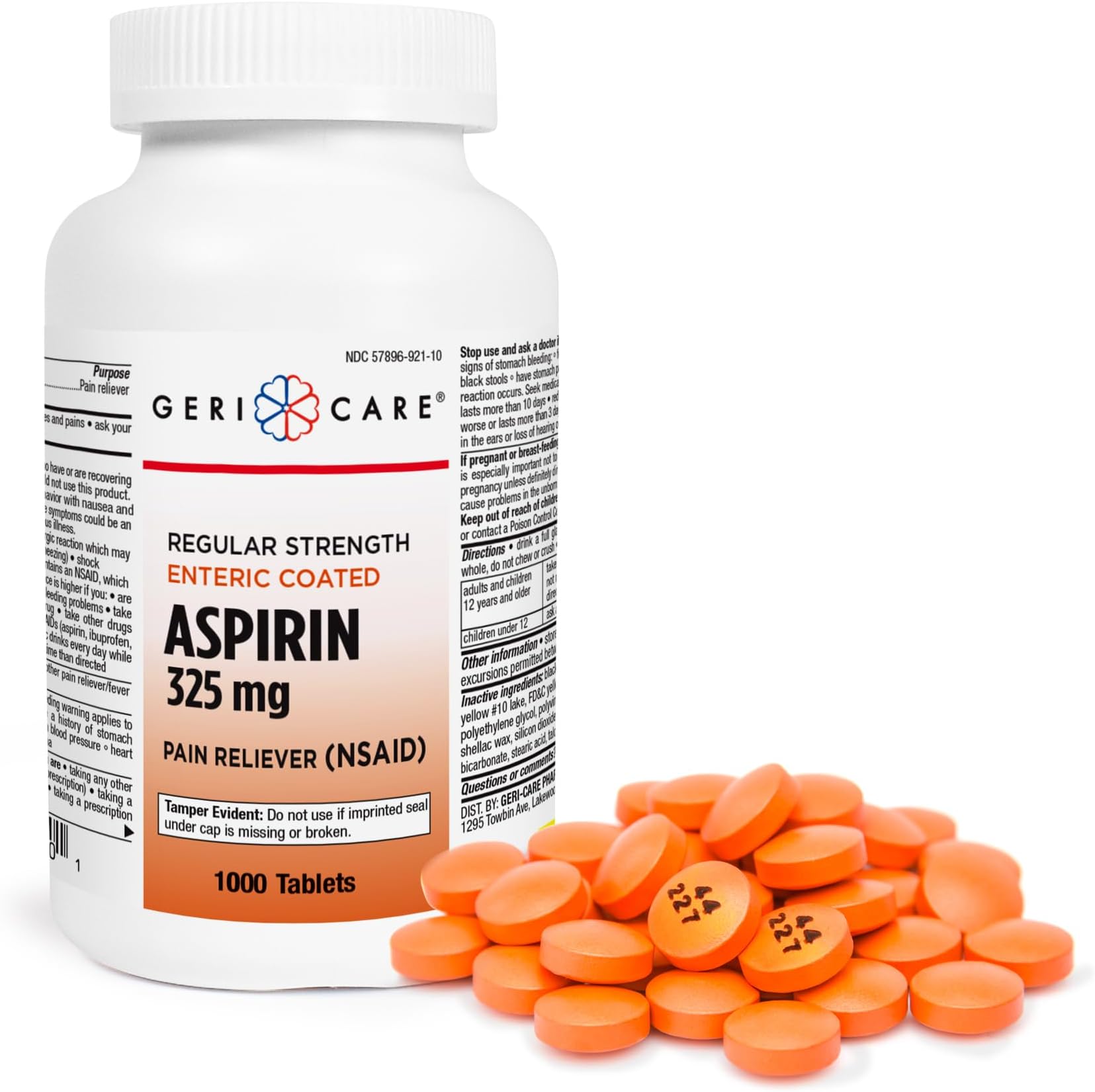 GeriCare Enteric Coated Aspirin Tablets 325mg (1000 Count) NSAID Pain Relieve...