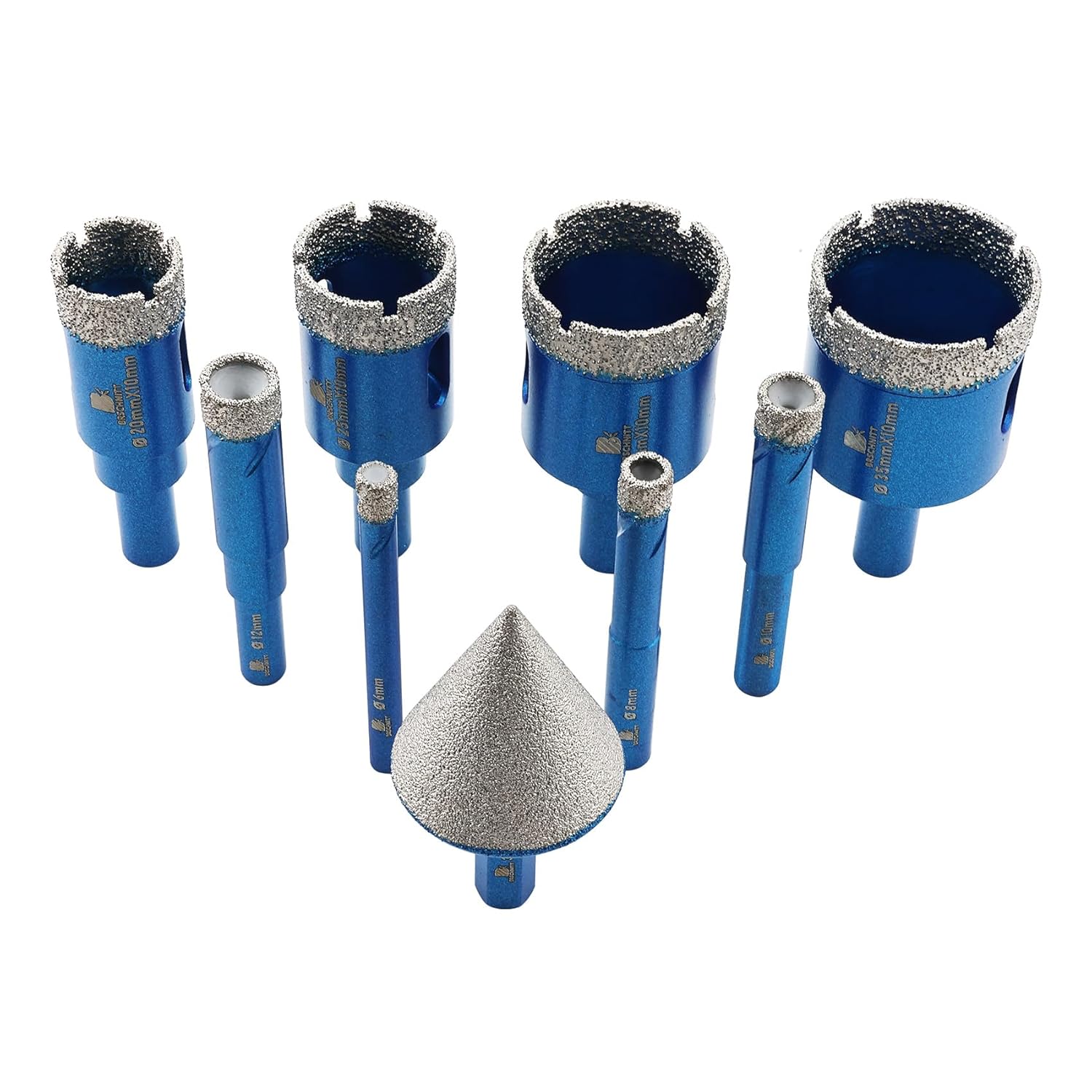 Dry Diamond Core Drill Bit Set,BRSCHNITT Diamond Tile Hole Saw Kit with Round Shank for Porcelain Tile Ceramic Stone Granite Marble, 6/8/10/12/20/25/32/35mmDrill Bit+35mm Chamfer Bit