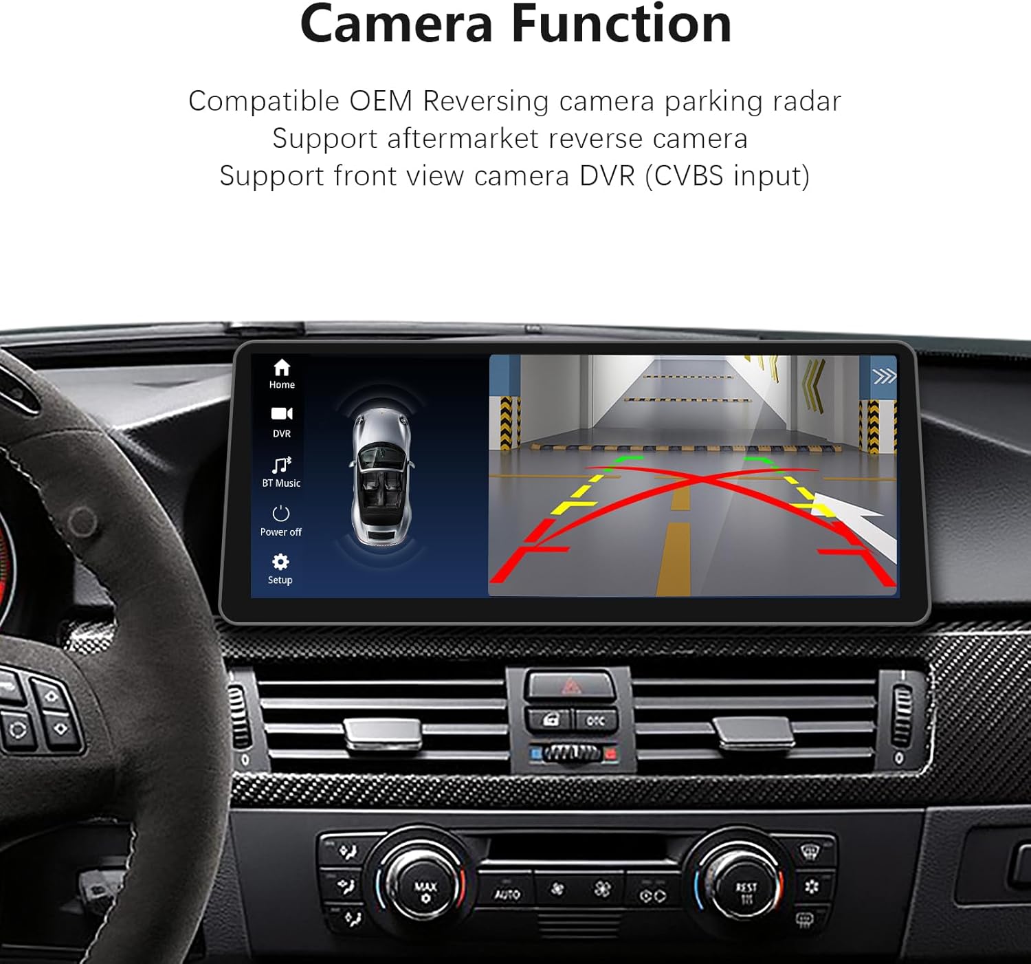Image showing the car radio screen displaying a reverse camera view with parking guidelines, indicating support for OEM and aftermarket cameras.