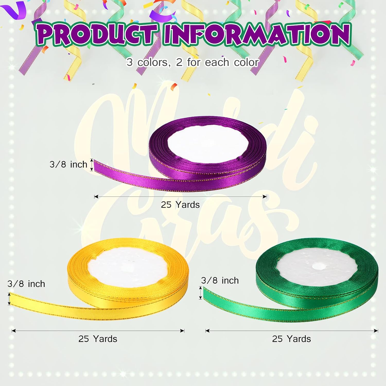 6 Rolls 0.4 Inch Mardi Gras Ribbon Wide Satin 150 Yard Yellow Green Purple Thin Ribbon for Ornaments Metallic Glitter Ornament Festival Wired Fabric for Wrapping Mardi Gras Decor Party Supplies