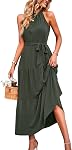 PRETTYGARDEN Women's Summer Floral Maxi Sun Dress Sleeveless Halter Neck Flowy Ruffle Hem Long Boho Dresses with Belt