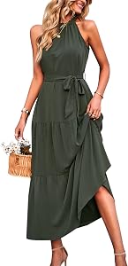 PRETTYGARDEN Women's Summer Floral Maxi Sun Dress Sleeveless Halter Neck Flowy Ruffle Hem Long Boho Dresses with Belt