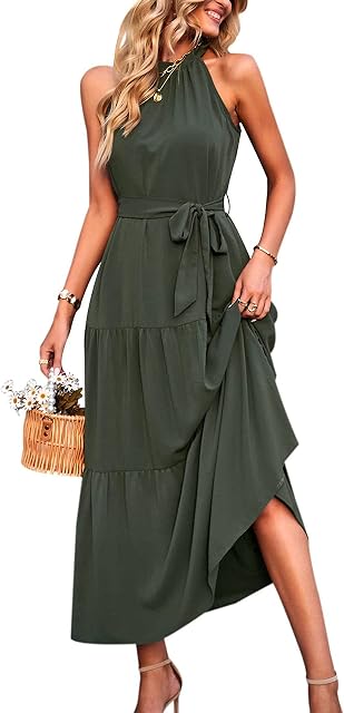 PRETTYGARDEN Women's Summer Floral Maxi Sun Dress Sleeveless Halter Neck Flowy Ruffle Hem Long Boho Dresses with Belt