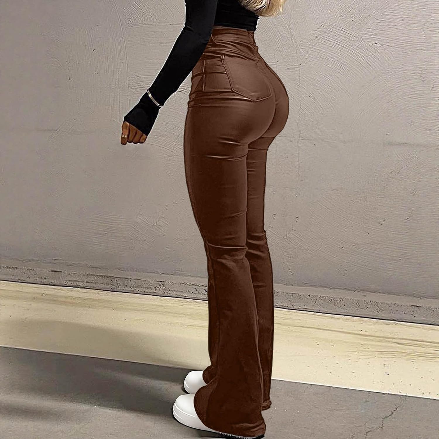 Womens Faux Leather Flare Pants High Waisted Butt Lifting Leggings Skinny PU Leather Pants for Club Party