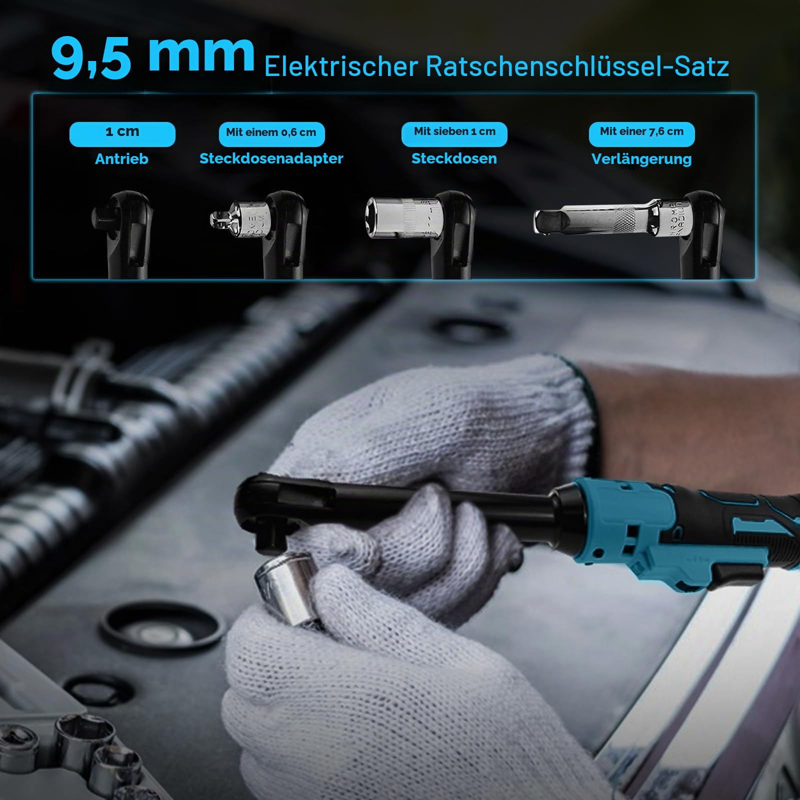 Akku Ratschenschlüssel für Makita 18V Akku, 3/8 Zoll verlängerter elektrischer Ratschenschlüsselsatz mit LED-Licht, 9 10 11 12 13 14 15 17 mm Stecknüssen, 320 U/min, 80 N.m (Keine Batterie)