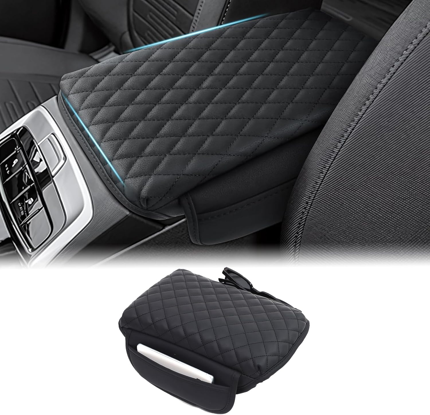 Center Console Armrest Cover for Santa Cruz 2022 2023 2024 2025 Accessories, Leather Armrest Lid Cushion Pad, Armrest Seat Box Cover Mat with Pockets (Black)