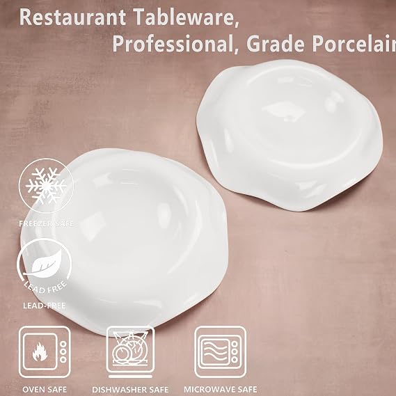 Soup Bowls, Pasta Bowls Rimmed Plates, White Salad Bowls Set of 2, Porcelain Wide Rim Bowls, 6 Oz, Microwave & Dishwasher Safe, Best for foodies and restaurants 8.3 Inch flanging