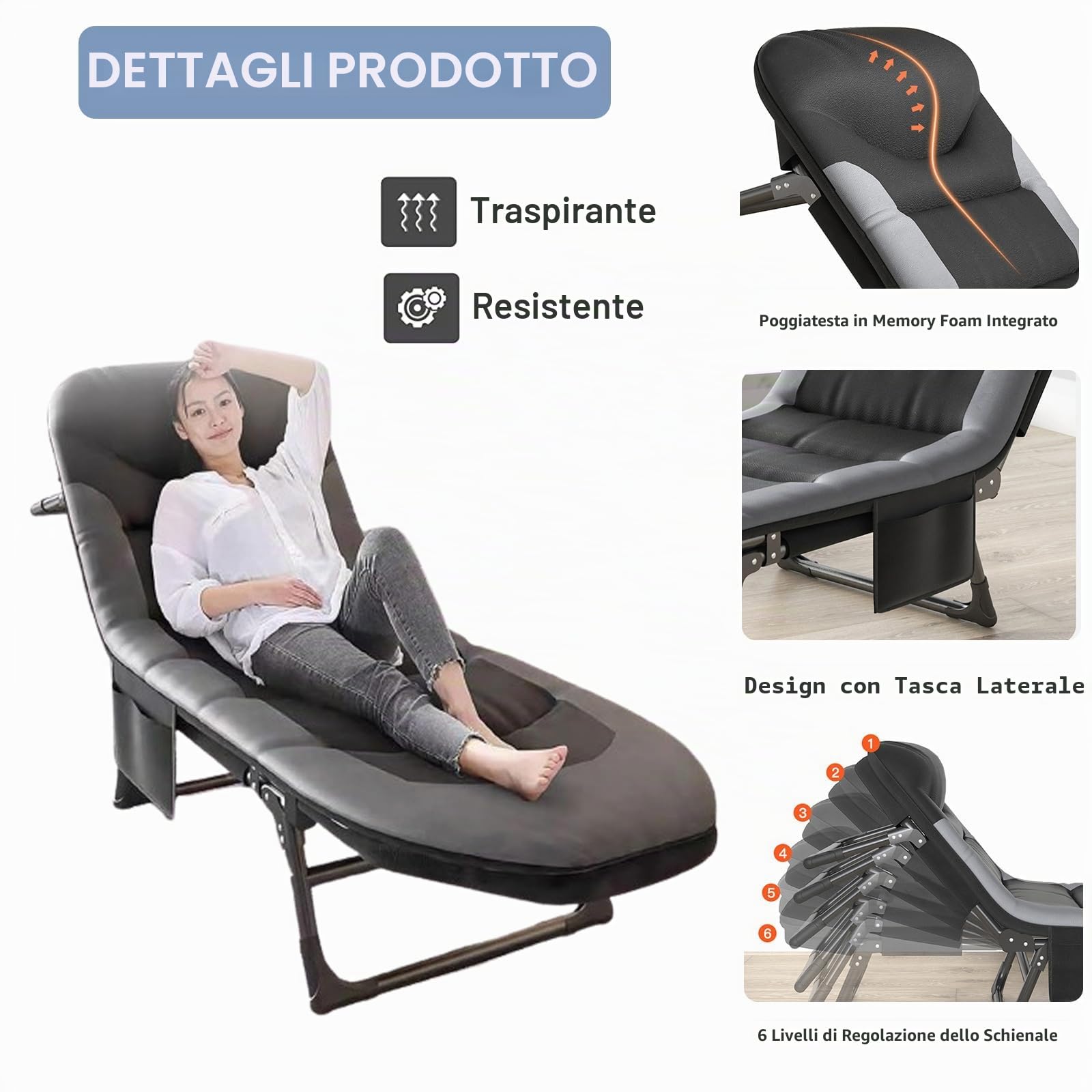 Lettino Prendisole Pieghevole, Sedia Sdraio da Giardino, Regolabile in 6 Posizioni, Lettini Prendisole con Tasca Laterale, Sedia a Sdraio per Balcone, Giardino, Campeggio (Nero)
