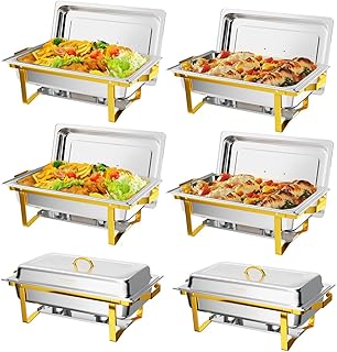 ROVSUN Chafing Dishes for Buffet 6 Pack, 9QT Chafing Dishes [Elegant Gold & Silver] with Rolled-Edge Design, Catering Chafer Warmer Set with Folding Frame for Party Wedding Banquet