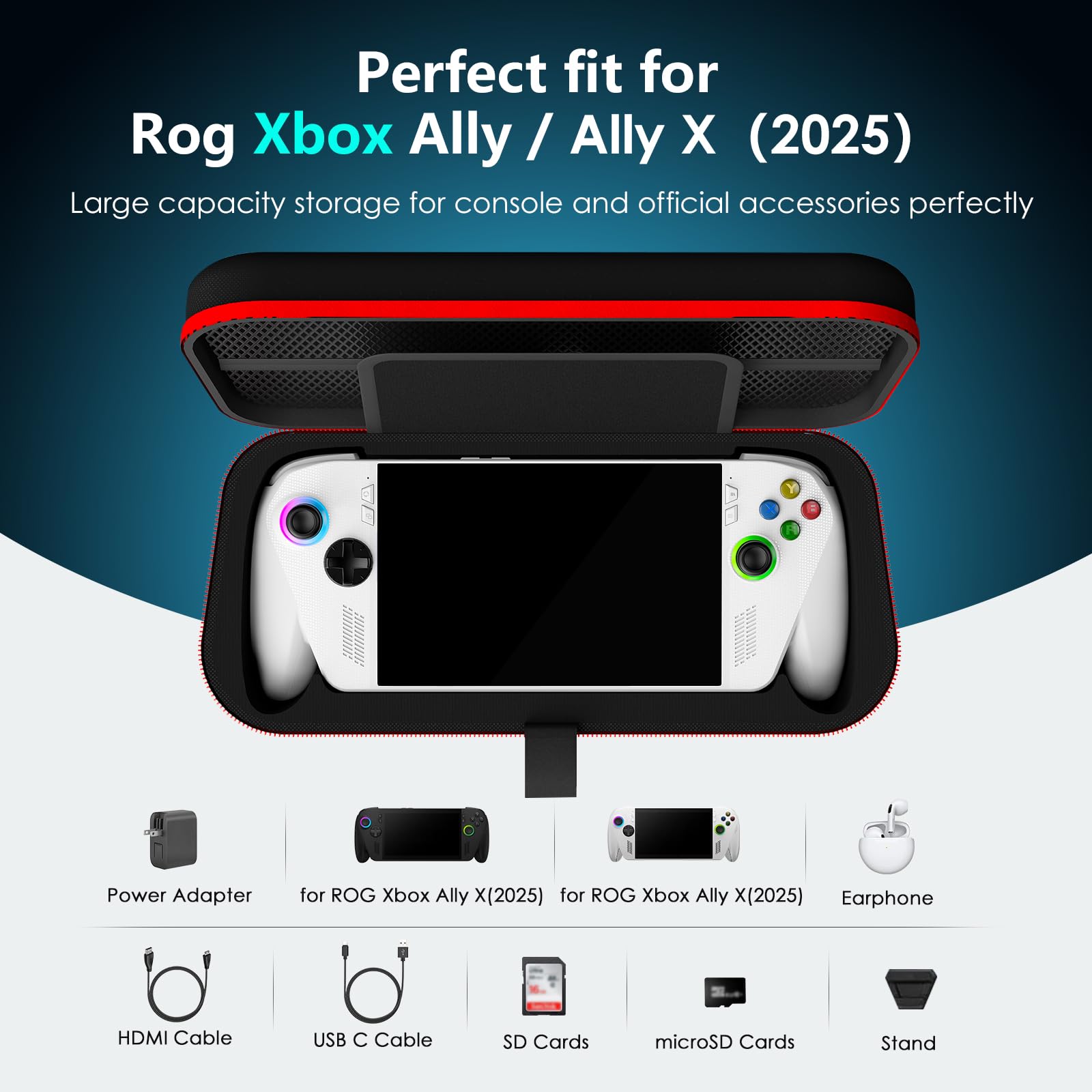 JDGPOKOO Hard Carrying Case for ASUS ROG Xbox Ally & ROG Xbox Ally X 7" 2025, 7 in 1 Accessories Bundle with 2 Screen Protectors, 4 Thumb Grip Caps, Portable Travel Storage Bag Fits Adapter, Cable - 3