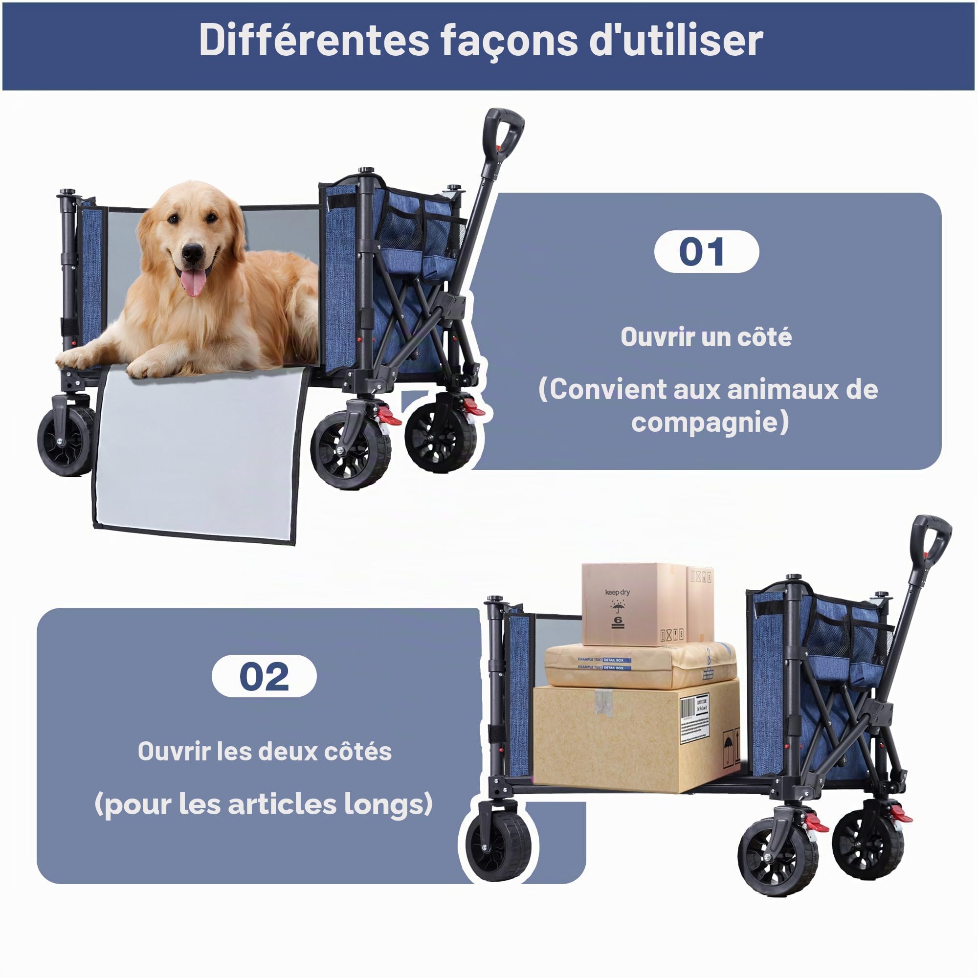 COMLAX FIELD Chariot pliable avec grandes roues tout terrain, chariot pliable de 120L 100KG avec freins, chariot de plage pour la plage, le jardin, le camping, les courses, bleu