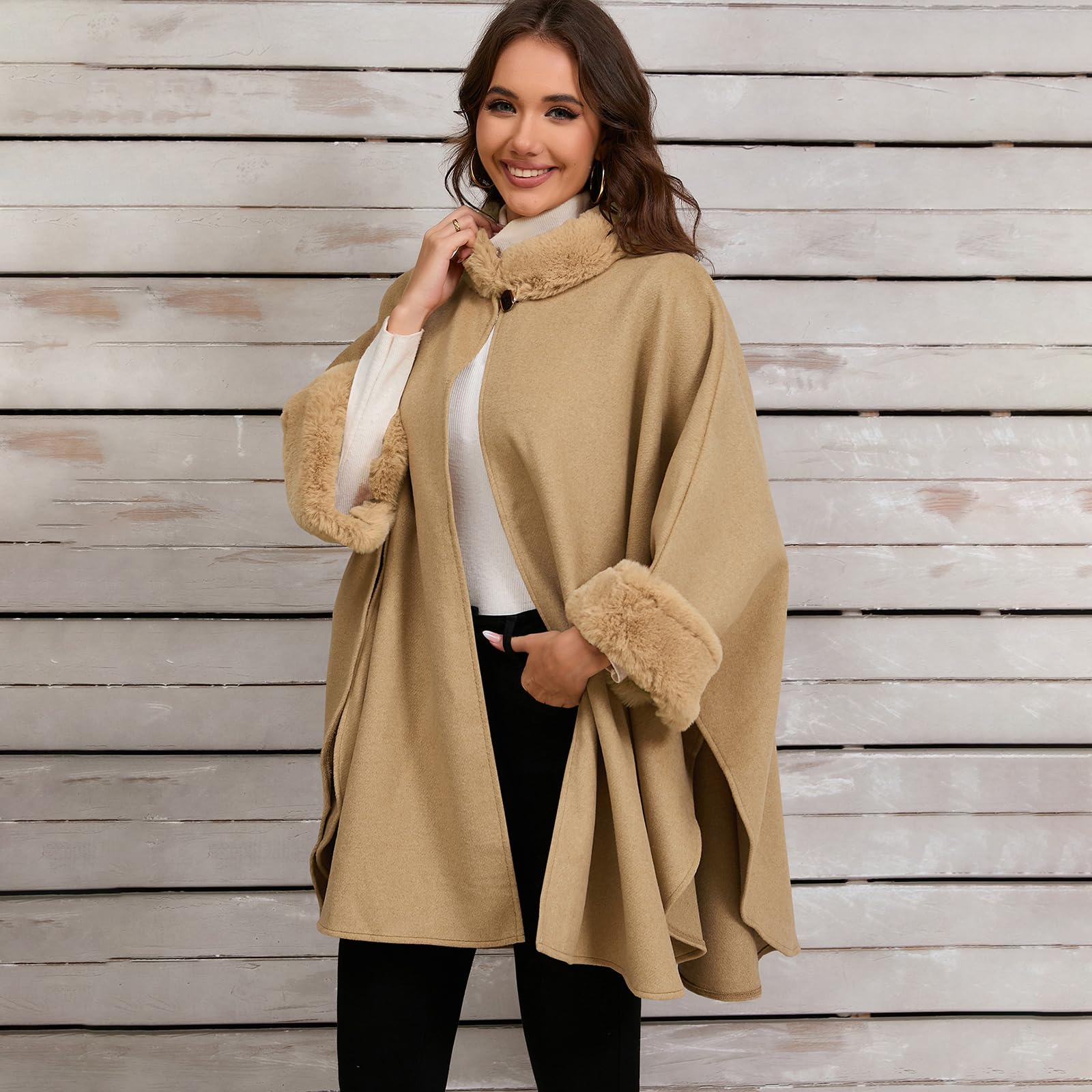 Vintage Loose Fit Poncho Mantelle Cappotto Con Colletto Peloso Polsini Per Le Donne Inverno Aperto Anteriore Baggy Mantello Cardigan Scialle Avvolgere Giacche Esterne Eleganti
