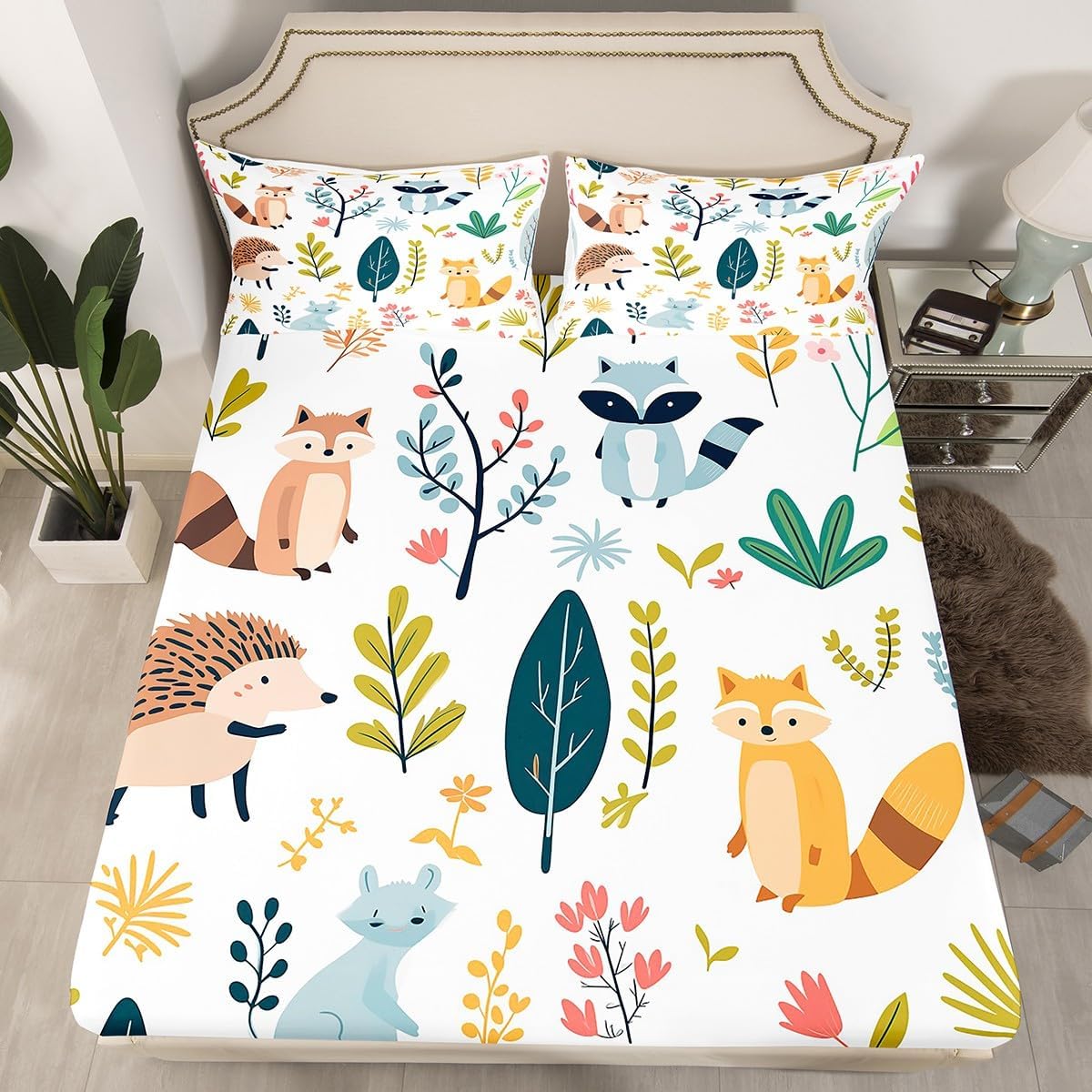 Erosebridal Raccoon Bed Sheets Set Squirrel Rabbit Full Sheet Set for Boys Kids Child Girls,Cute Hedgehog Flat Fitted Sheet Cartoon Wild Animals Toddler Bed Set,Lovely Wildlife Kawaii Room Decor
