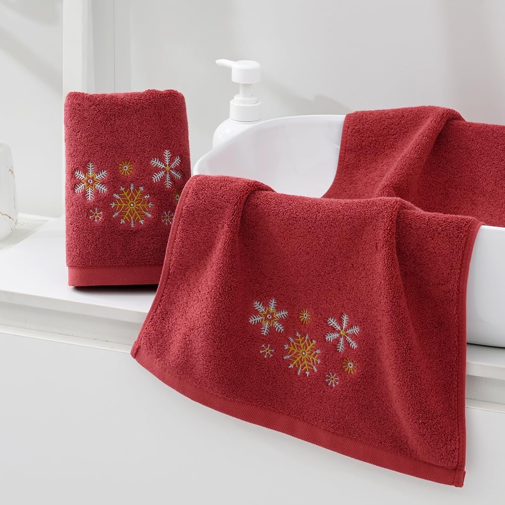 Christmas Red Hand Towel Set of 2 Snowflake Embroidered Design Luxury Hand Towel for Bathroom Ultra Soft 100% Cotton Absorbent Winter Holiday Home Holiday Party Decorative 13" X 29"