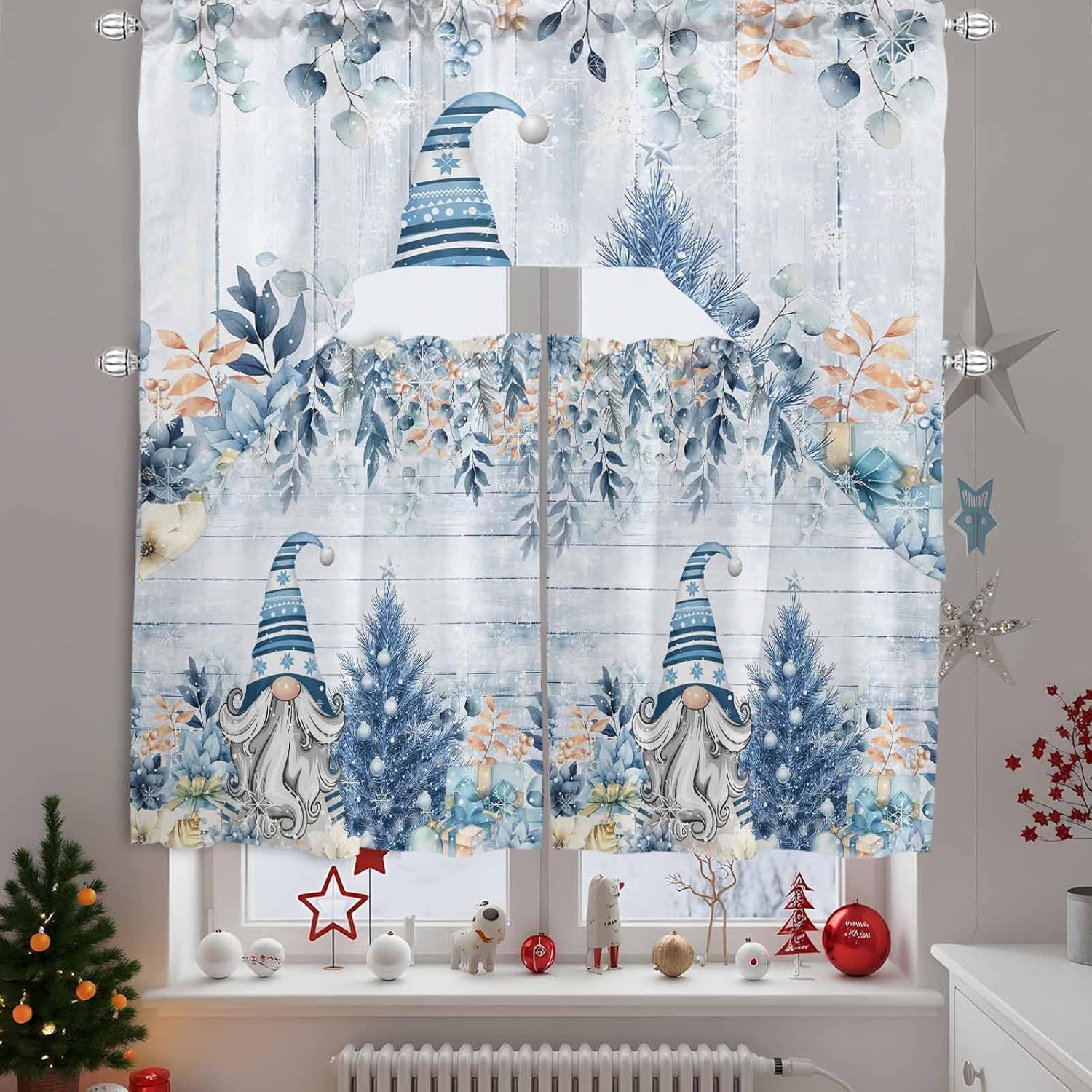 Christmas Swag Kitchen Curtain Sets with Valance,3 Pieces Rod Pocket Curtain Drapes for Bedroom Living Room Cafe Windows,Retro Blue Blue Eucalyptus Gnomes Snowflake 56''x36''&24''x27.5''x2Panels