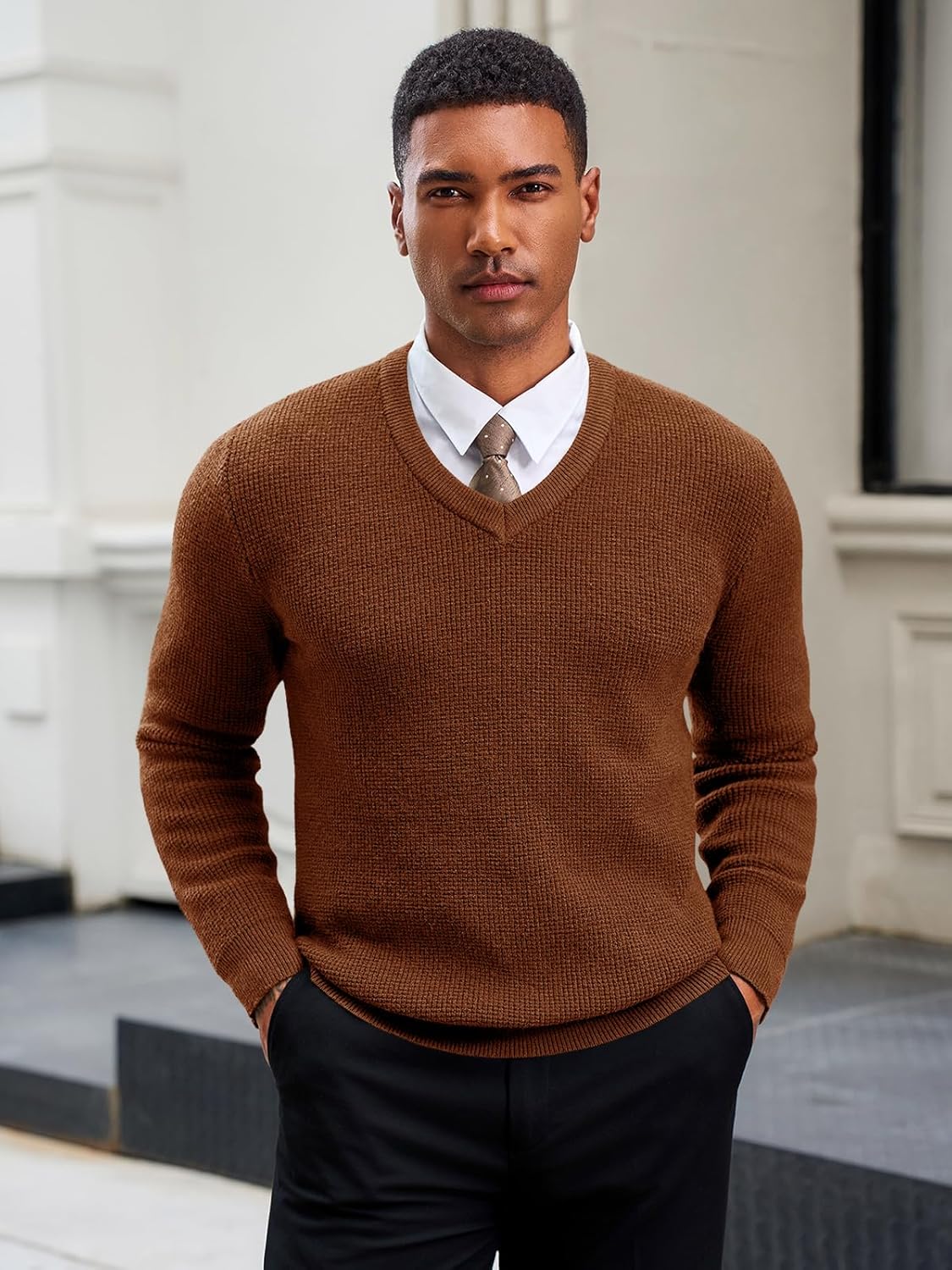 Runcati Mens V Neck Sweater Casual Waffle Knitted Pullover Slim Fit Fall Winter Basic Warm Sweaters - Image 2