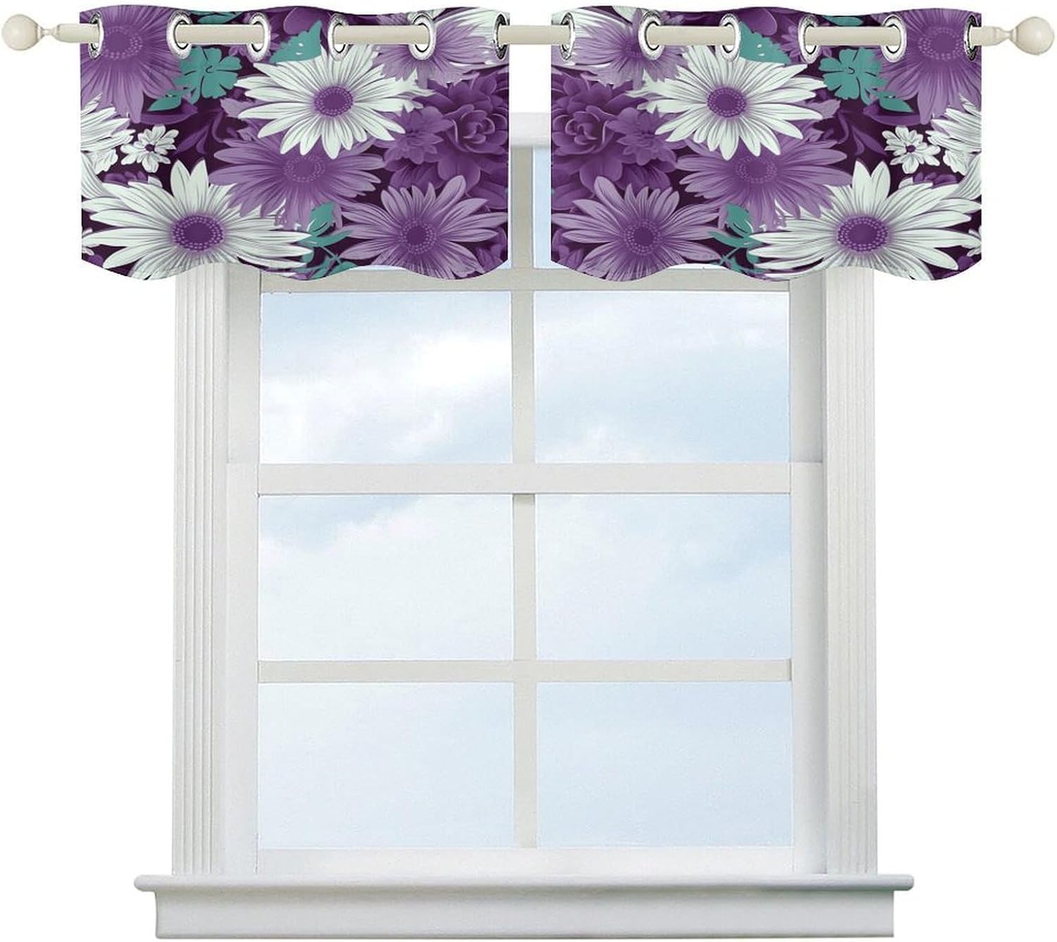 Purple White Floral 2 Pack Valance Curtains Window Treatments. Adjustable Curtain with Rod Pocket.Cafe Curtains is Half Curtains for Privacy Decorative 52x18.1 Inch.