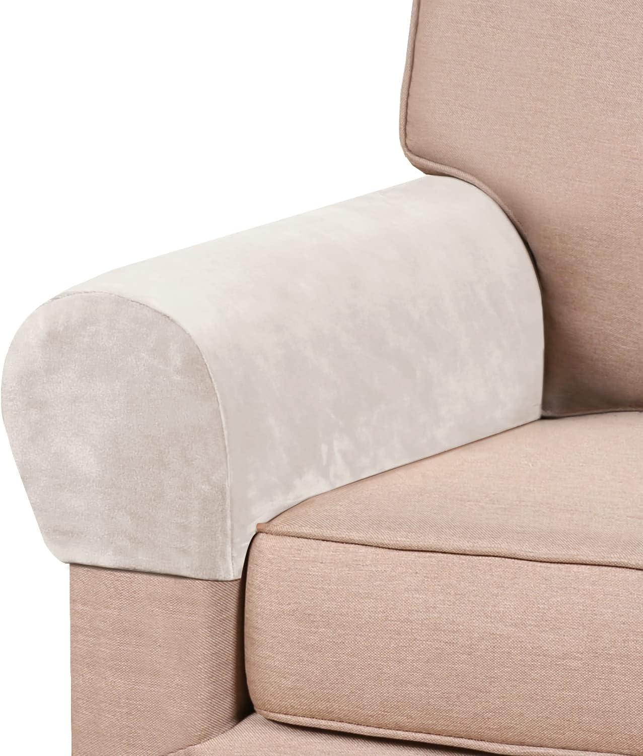 PrinceDeco 2 Pack Thick Velvet Stretch Armrest Covers for Chairs and Sofas Armchair Covers for Arms Couch Arm Cover Armrest Slipcover for Sofa Non Slip, Ivory