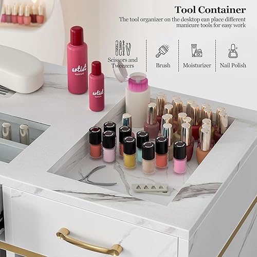 Miniatura 6 de Paddie Mesa de manicura con colector de polvo, estación de escritorio de uñas con 7 cajones de almacenamiento y estantes abiertos de 3 niveles