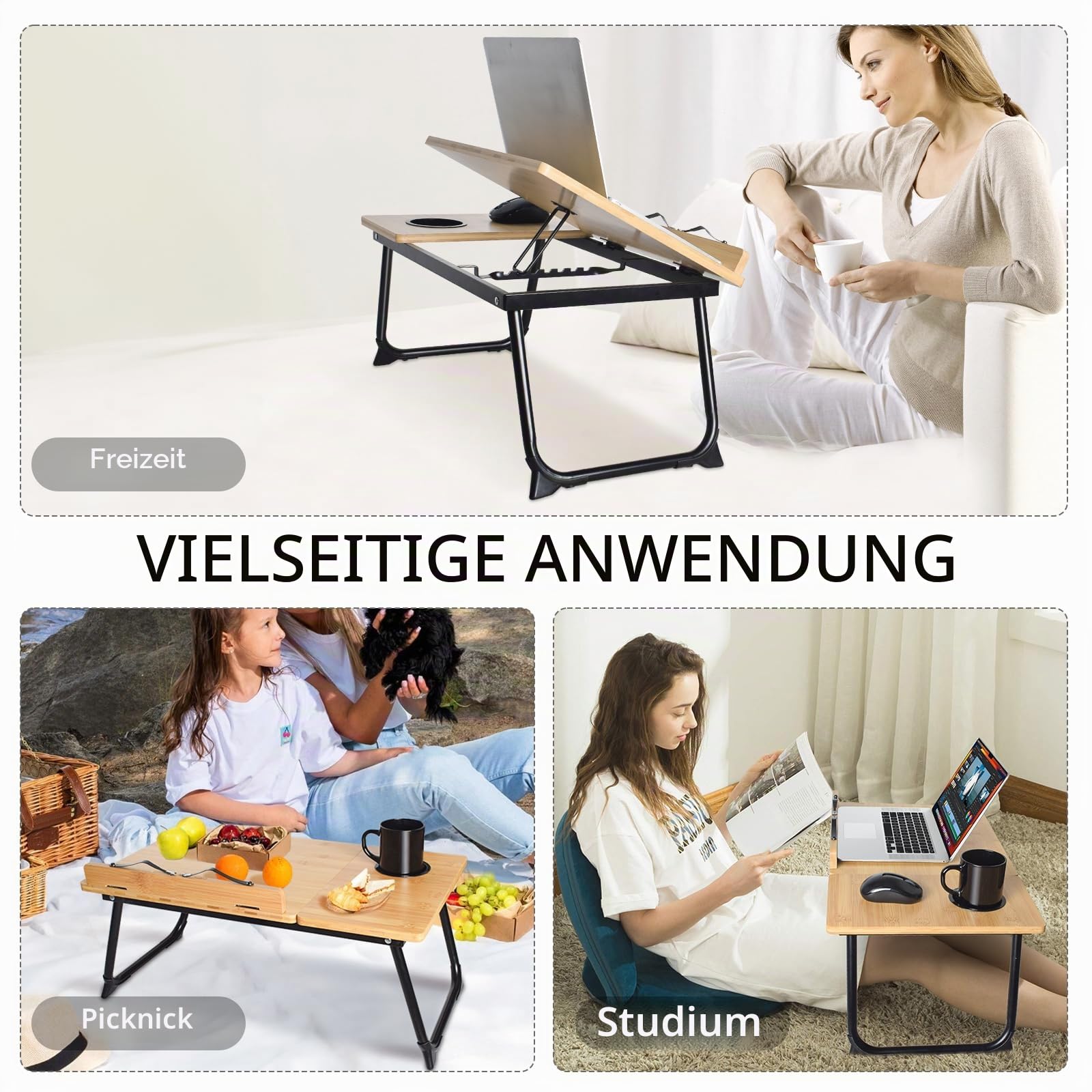 Wishacc Verstellbarer Bambus-Laptop- und Kochbuchständer für Lesen im Bett, Büroklammern, mehrere Winkel