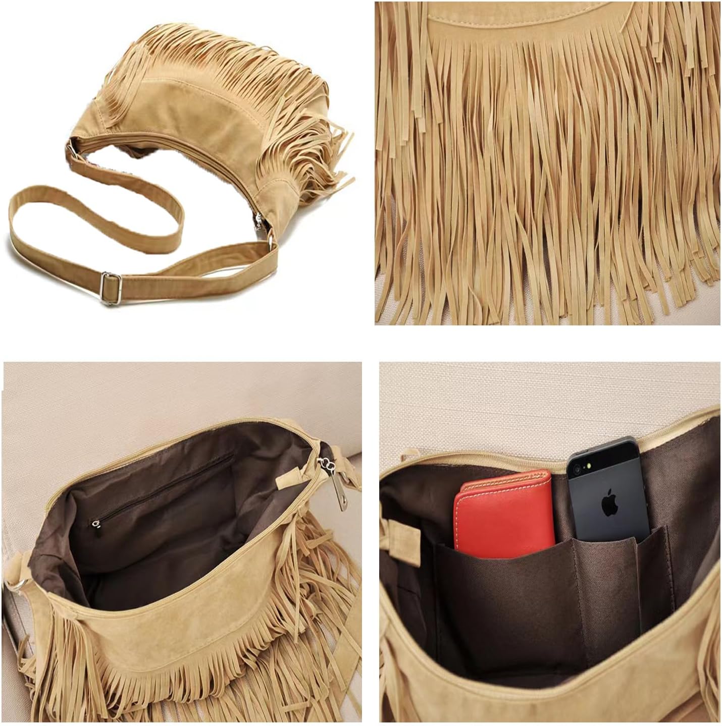 Women Fashion Fringe Purse Crossbody Bags Vegan Suede Hippie Tassel Hobo Shoulder Bag Vintage Handbags - Image 6