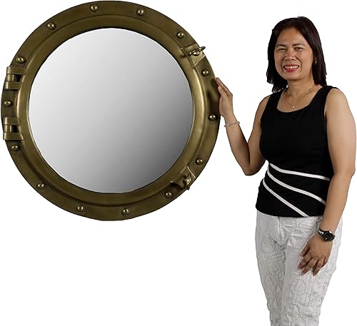 Miniatura 3 de Espejo redondo de ojo de buey para montaje en pared, 36 pulgadas de diámetro (latón antiguo)