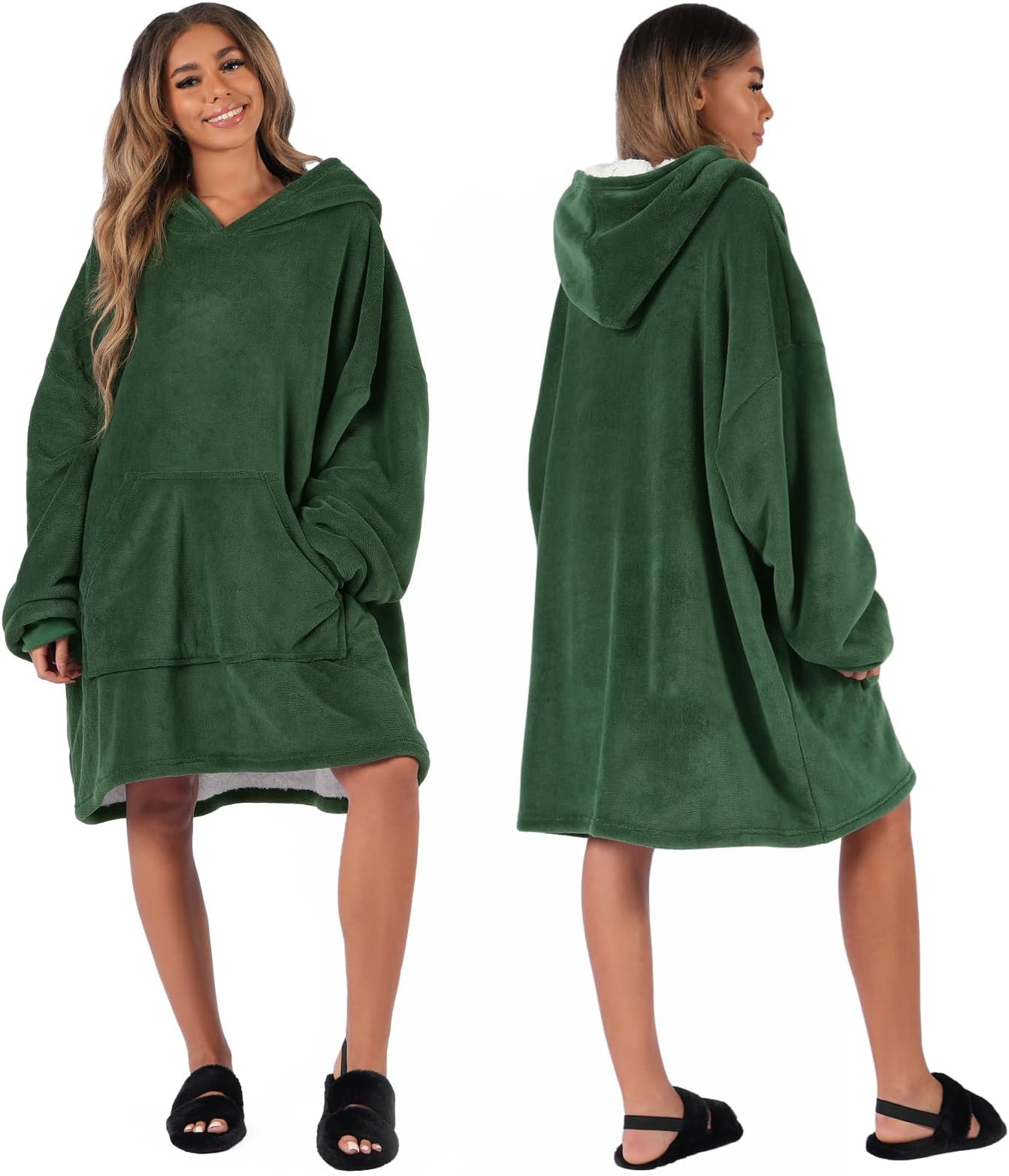 Hoodie Blanket Oversized Ultra Soft Plush Sherpa Fleece Wearable Warm Throw Blanket Cosy Giant Sweatshirt - Forest Green, Forest Green