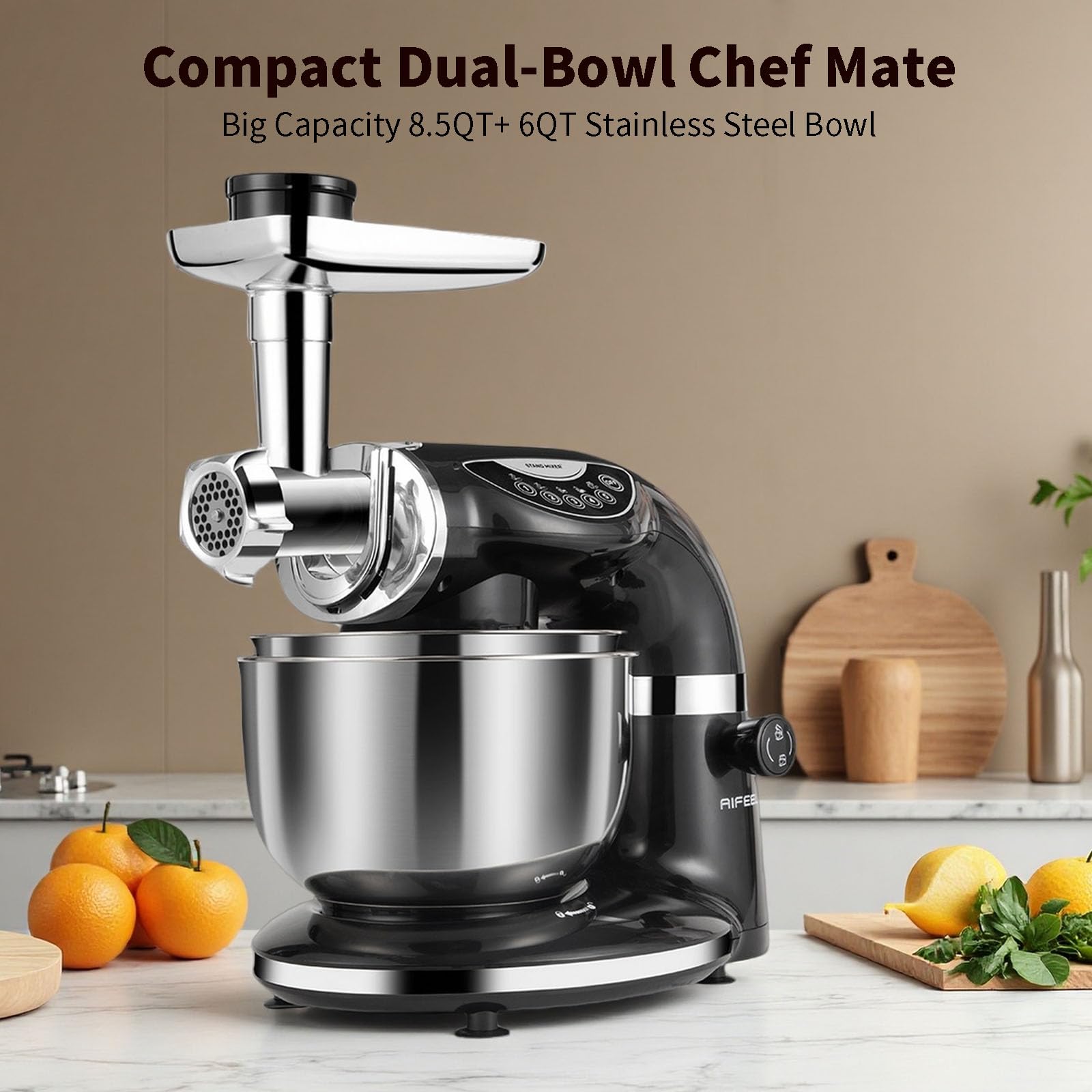 Batidora de pie, 8.5QT + 6QT, dos cuencos de acero inoxidable, mezclador eléctrico de alimentos, 7 en 1, mezclador de cocina multifuncional con gancho para masa, batidor, batidor, molinillo de 3