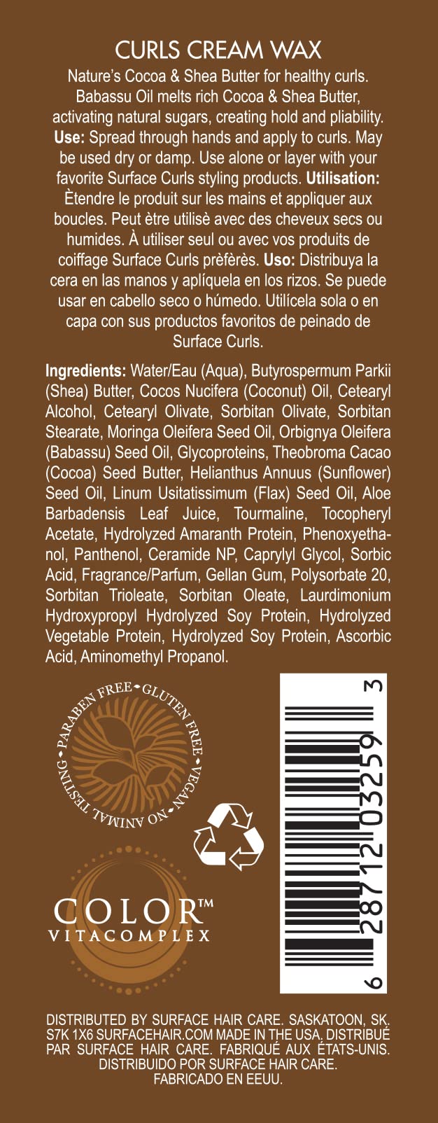 Surface Hair - Curls Cream Wax, Define And Add Shine And Texture To Curly Hair, With Cocoa And Shea Butter, 4 Fl. Oz.