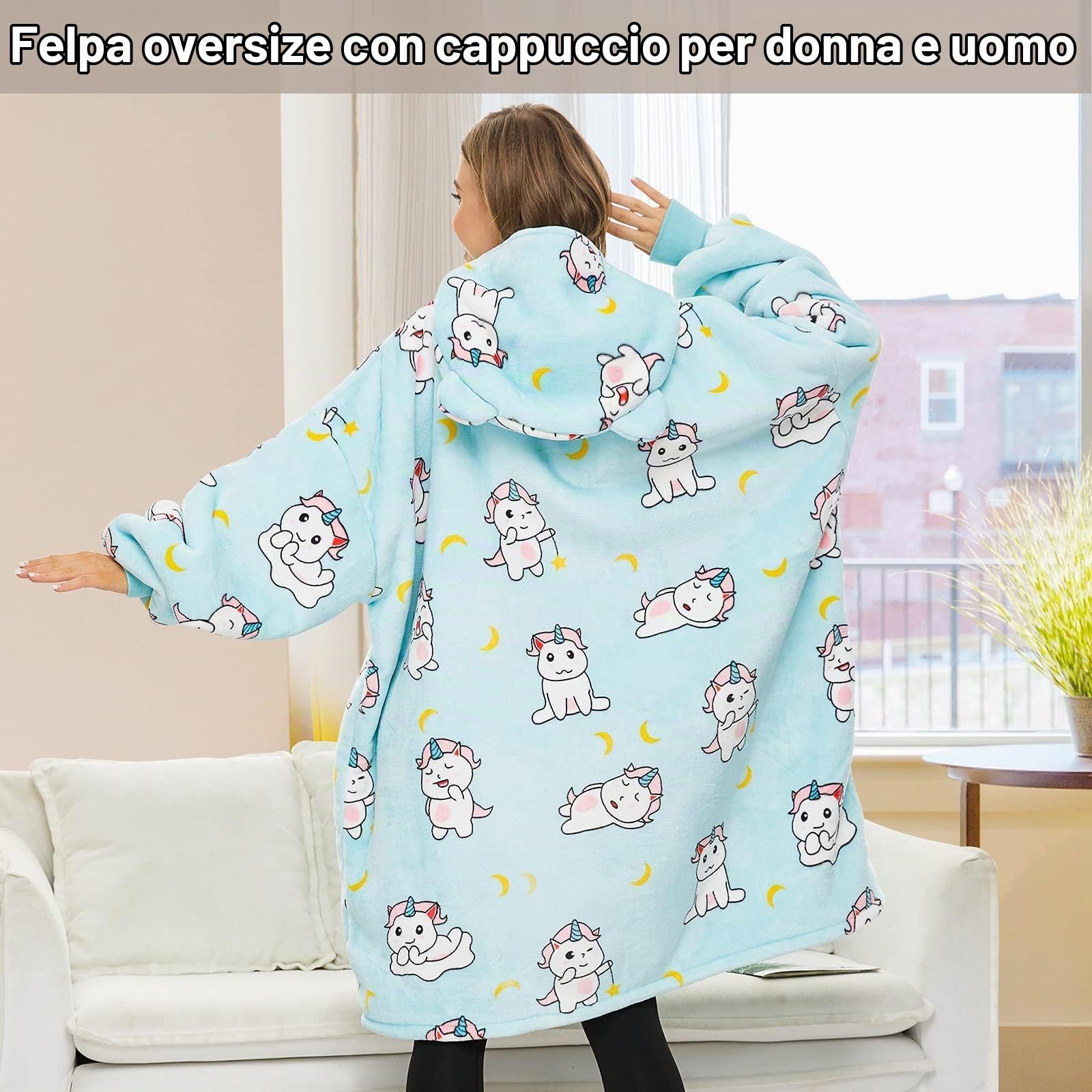 THREE POODLE Felpa Coperta Oversize Donna, Pile Gigante con Maniche e Cappuccio