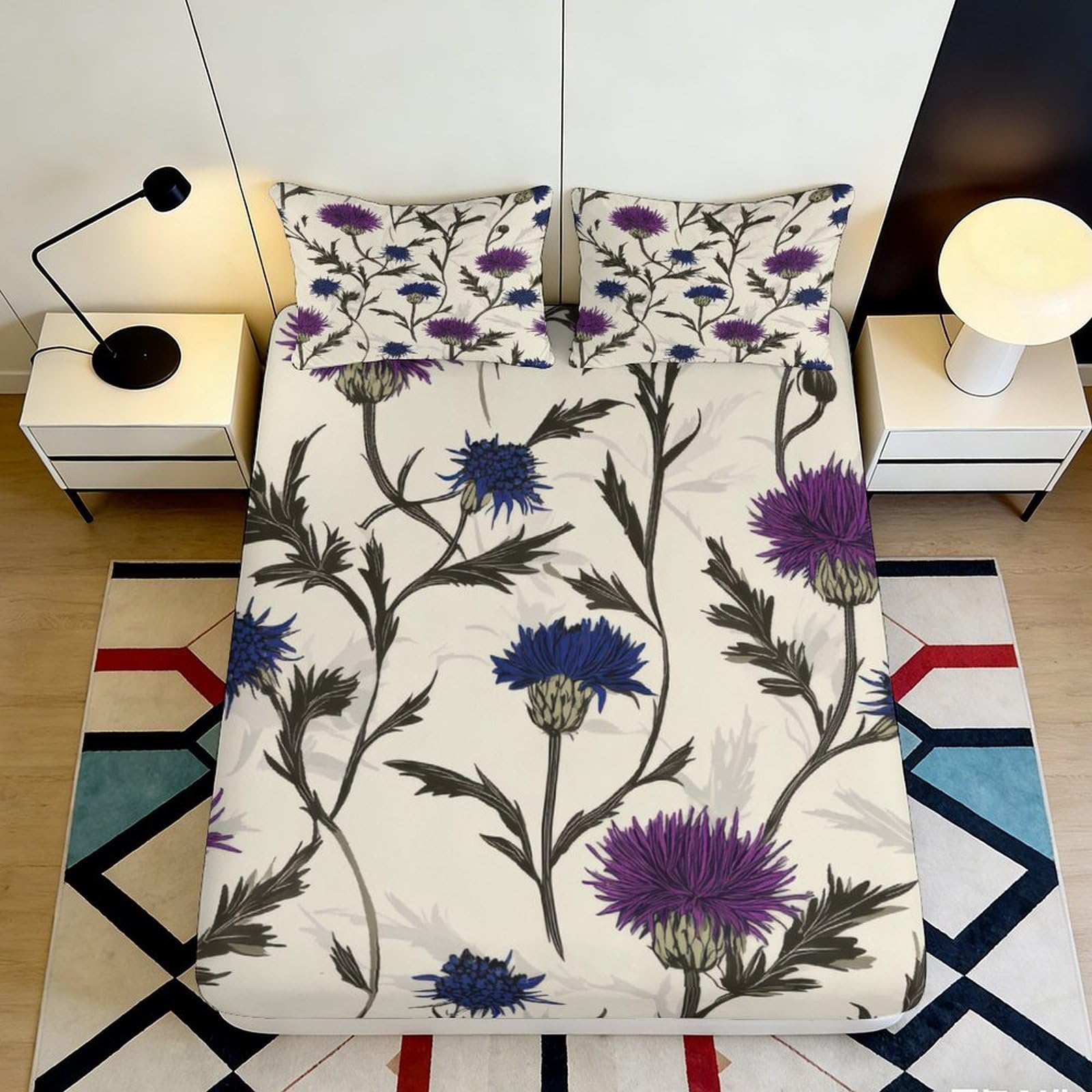 Pnayamiorkfel Style-10 3D Printed Thistle Botanical Fitted Sheet Microfiber Soft Purple Blue Floral Bed Cover For Bedroom Guestroom 90X200x25cm