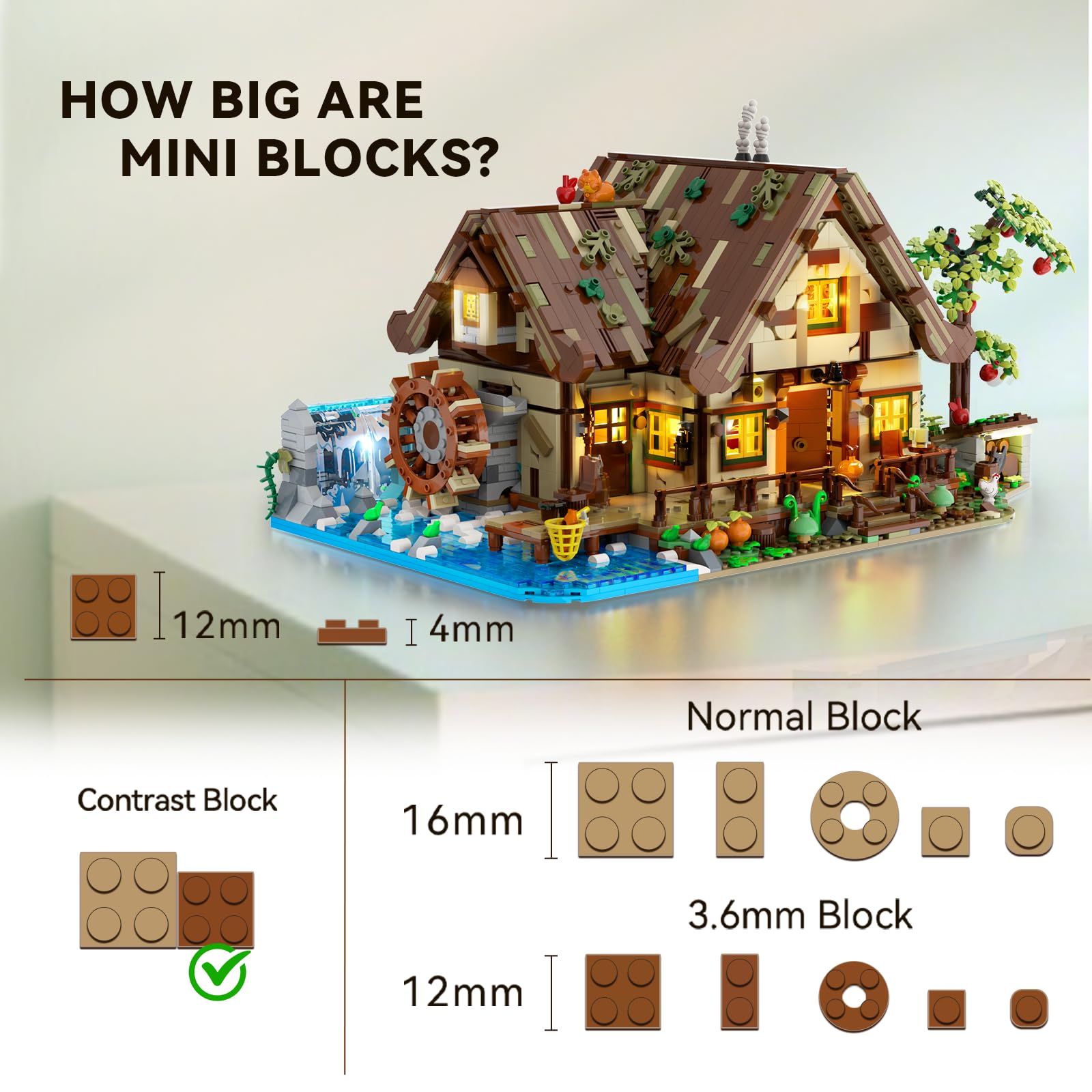 Wood Cabin Mini Building Set with Lights, Forest House Building Block Kit with Animals Stream Waterwheel, 2570 PCS Treehouse Construction Model Toy Collection for Adults Teens Boys Girls 12+