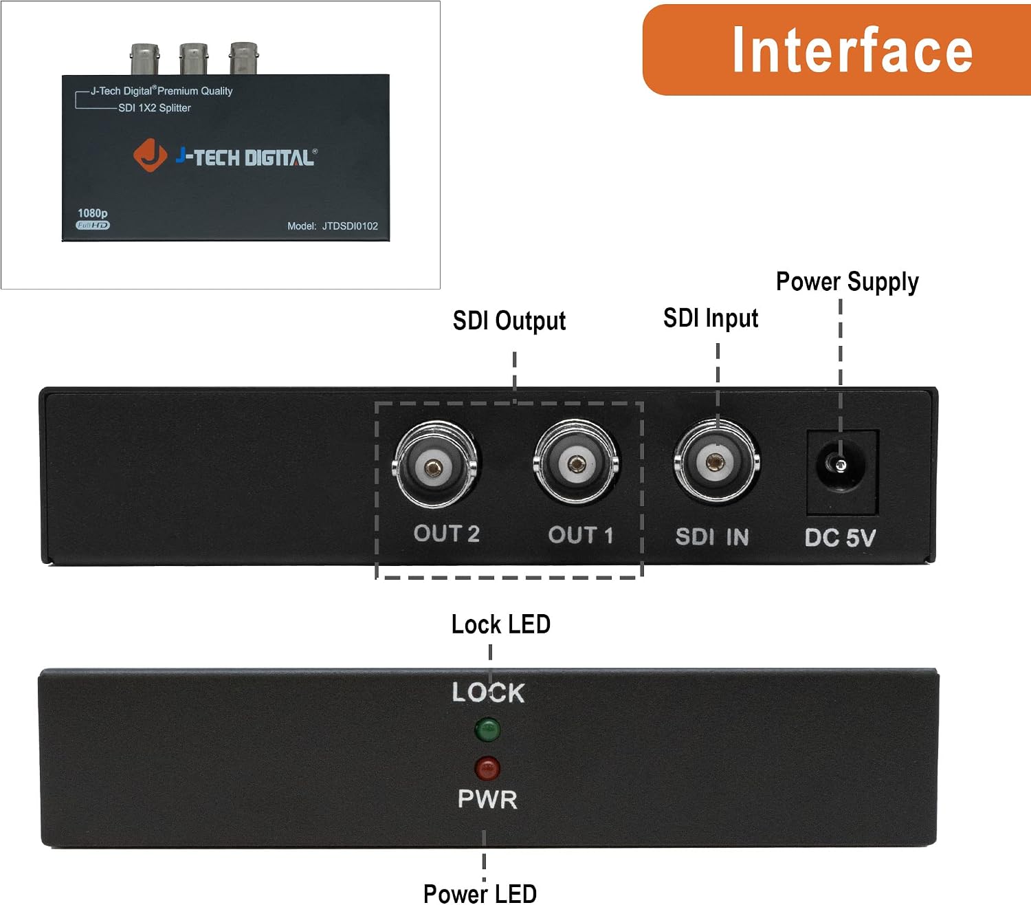 J-Tech Digital ® Premium Quality SDI Splitter 1x2 Supports SD-SDI, HD-SDI, 3G-SDI up to 1320 Ft (1 Input and 2 outputs)