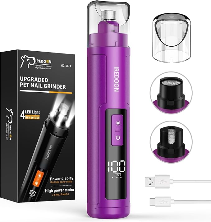 IREDOON Dog Nail Grinder Upgraded - Professional 3-Speed Super Quiet and Low Vibration Electric Pet Nail Grinder with 4 LED Lights
