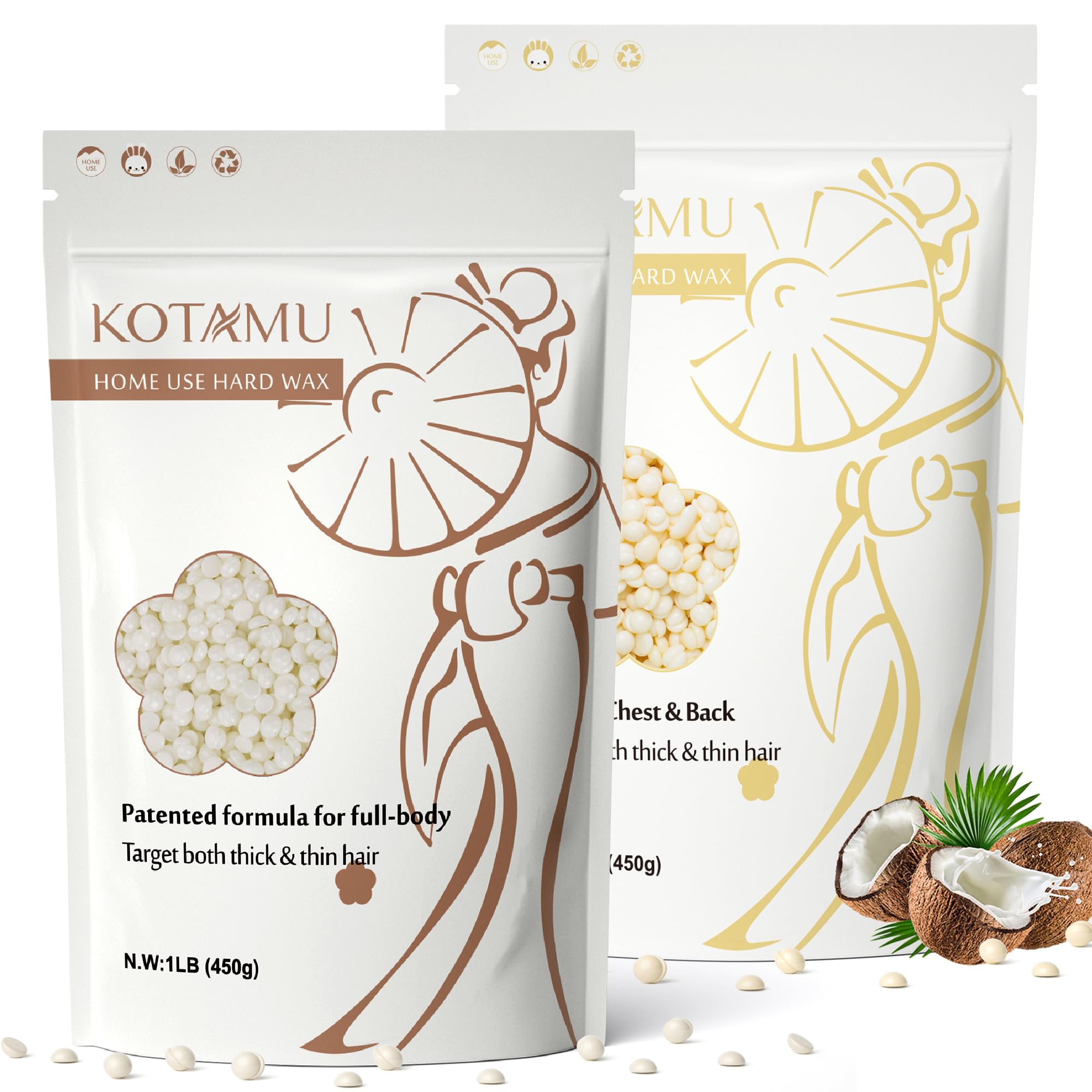 KOTAMU 1lb White Unscented Wax Beads &1lb Cream Hard Wax Beads